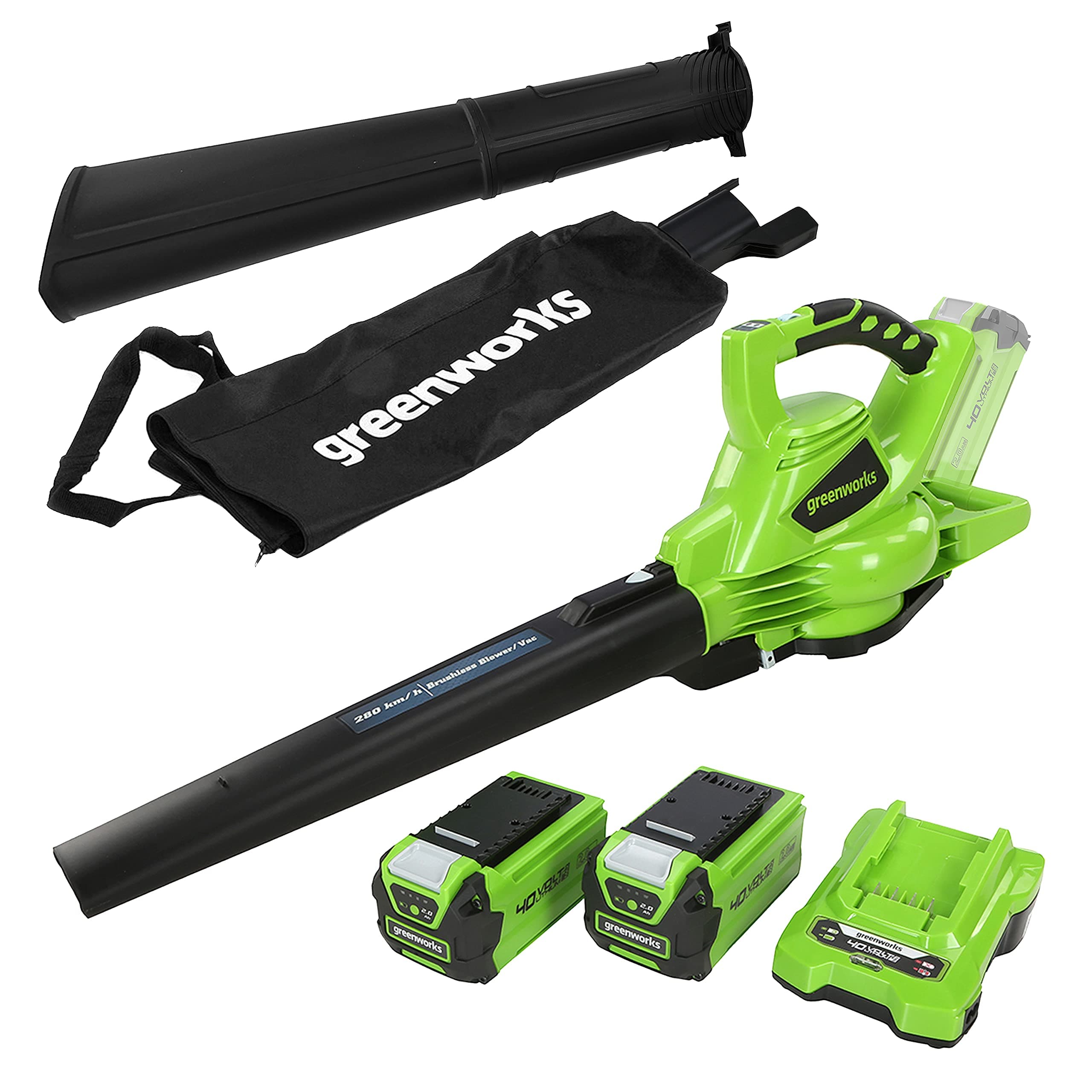 Greenworks 40V Aspirateur Souffleur Sans fil de Feuilles à Batterie avec Moteur Sans Balais, 280 km/h, 9,63 m³/min, Sac pour Mulching de 45L, Deux Batteries 2Ah et Chargeur, Garantie 3 Ans GD40BVK2X