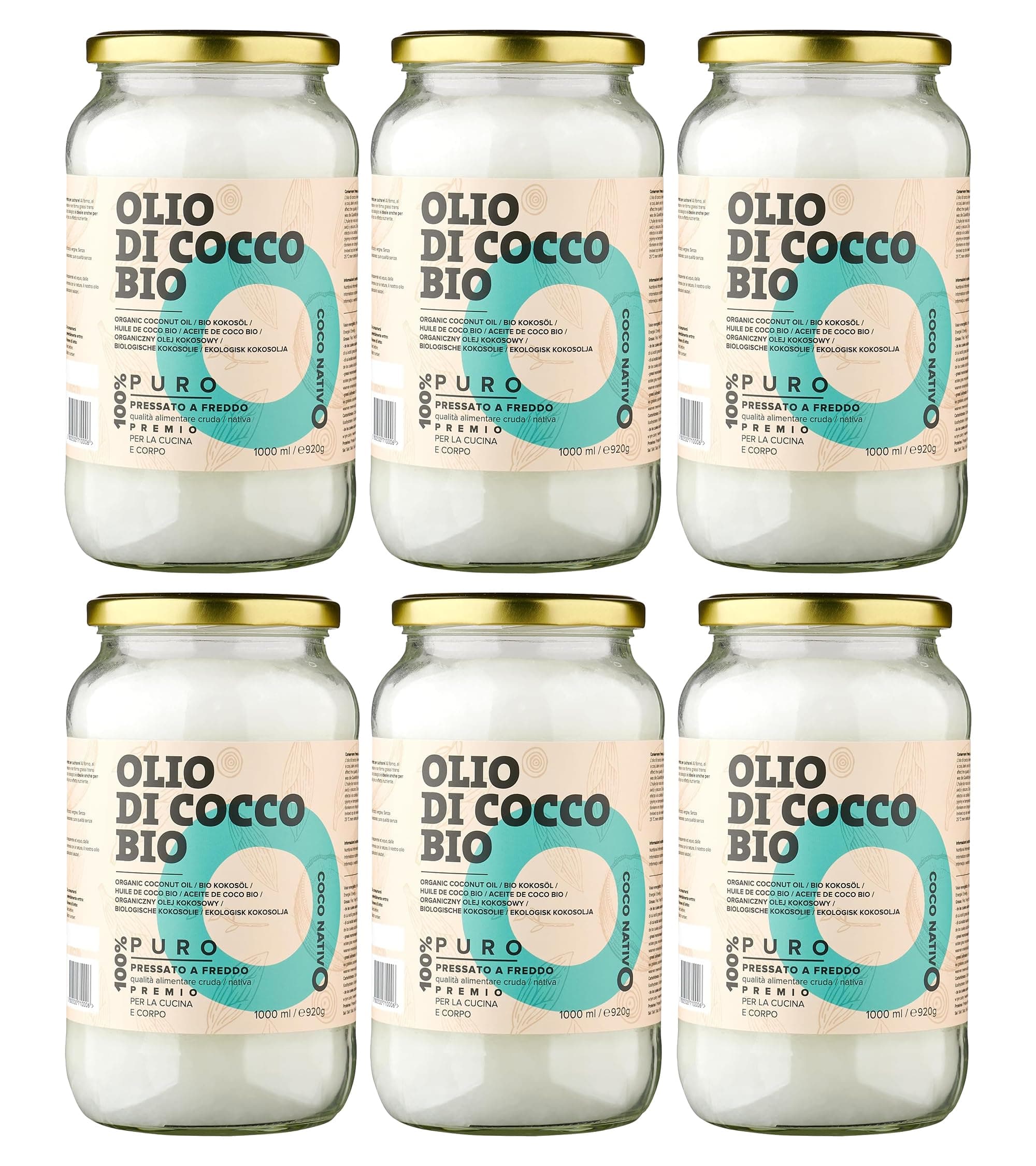 Olio di Cocco Biologico Extra Vergine CocoNativo – 6x1000ml – Crudo e Spremuto a Freddo; Organico e Puro; Non Processato, (Bio Nativo), Ideale per Capelli, per il Corpo e ad Uso Alimentare