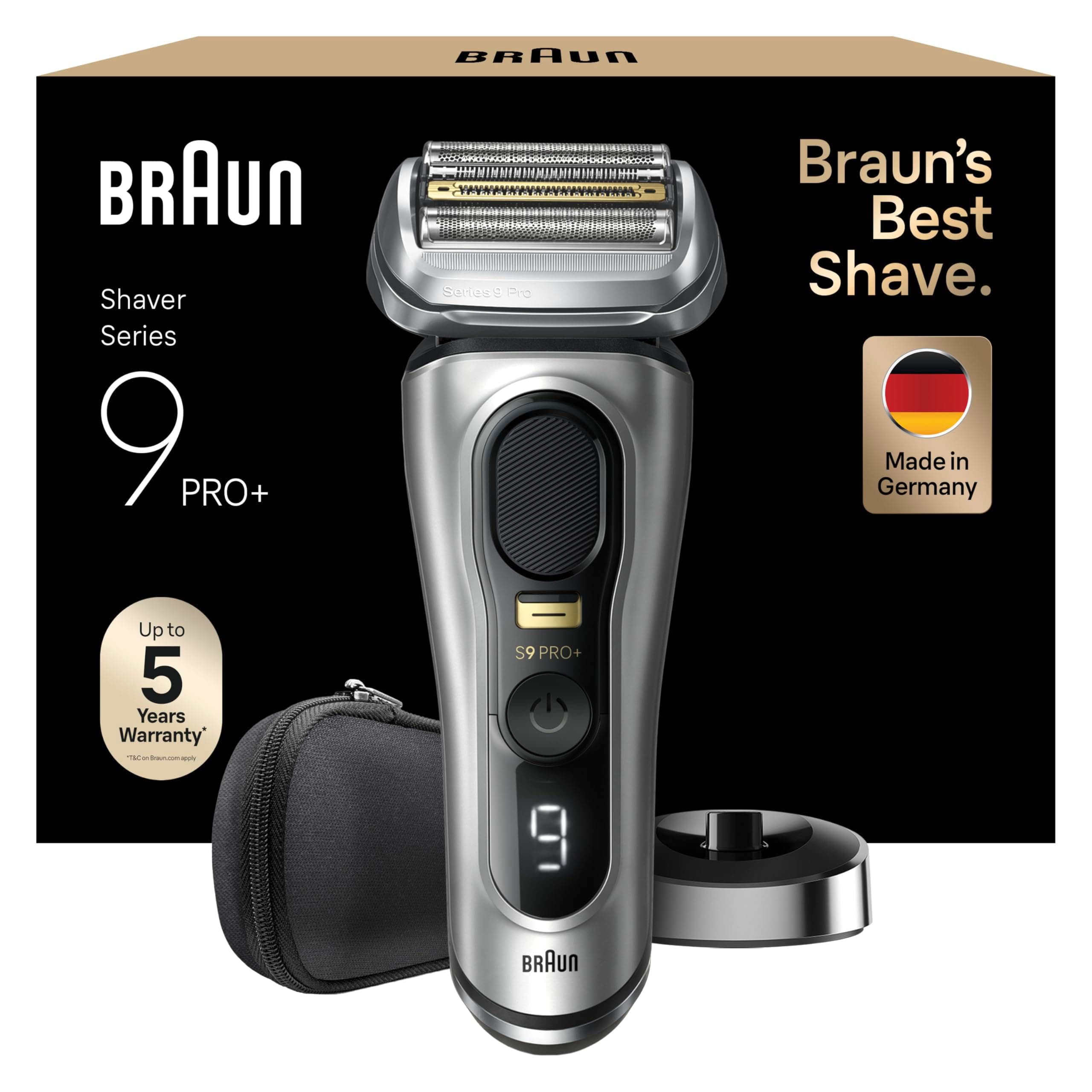 Braun Series 9 PRO +, Rasoio Elettrico Barba, Regolabarba Uomo, Rifinitore di precisione, Custodia da Viaggio in tessuto, Batteria Litio Ion, 100% Impermeabile Idea Regalo, 9517s Argento