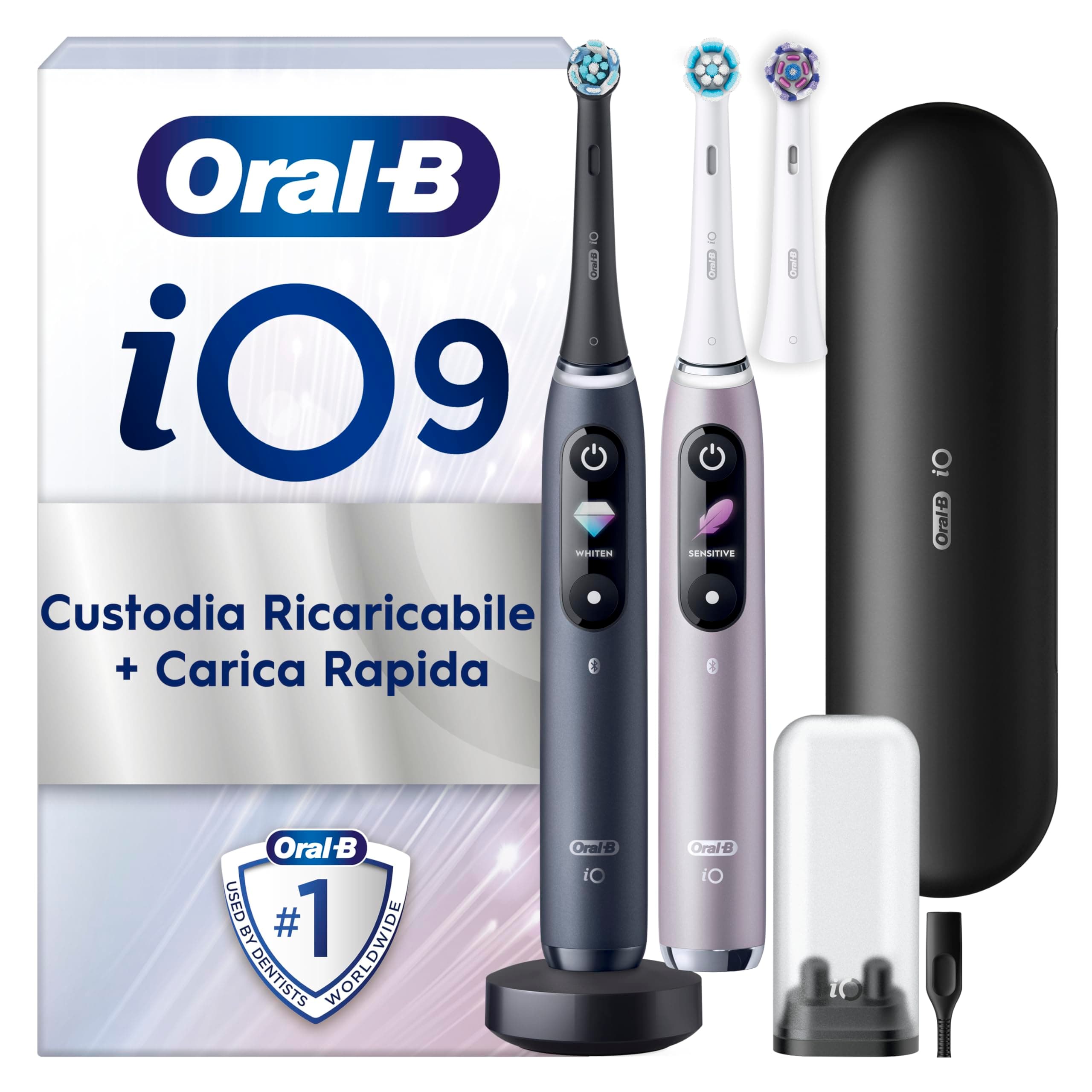 Oral-B iO 9, 2 Spazzolini Elettrici, 3 Testine di Ricambio, Custodia, Nero/Rosa - 3 Testina di Ricambio per Spazzolino Elettrico, Ricaricabile, Custodia da Viaggio Ricaricabile, Pulizia Denti
