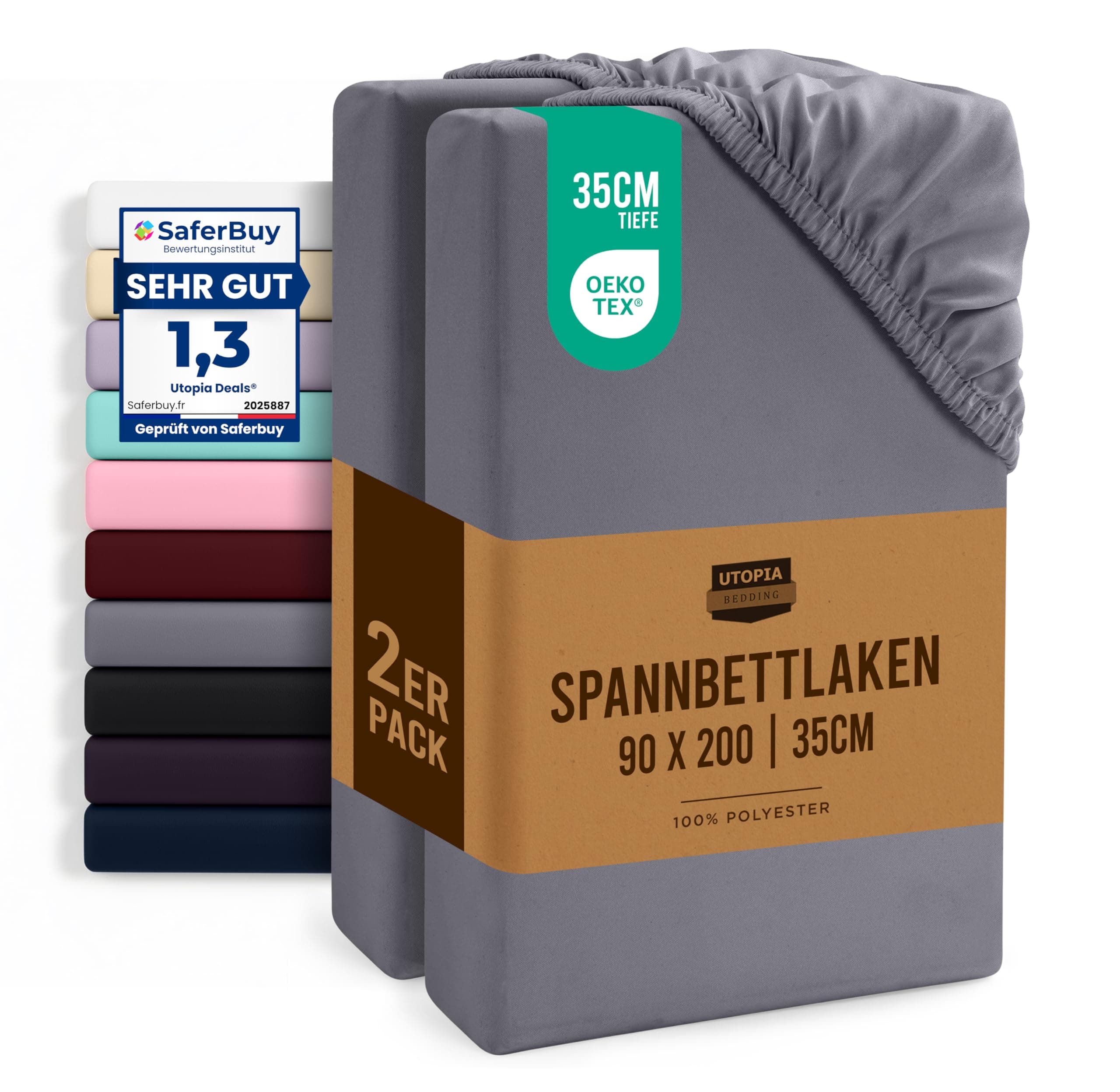 Utopia Bedding - 2er Set Spannbettlaken 90x200cm - Grau - Gebürstete Mikrofaser Spannbetttuch - 35 cm Tiefe Tasche
