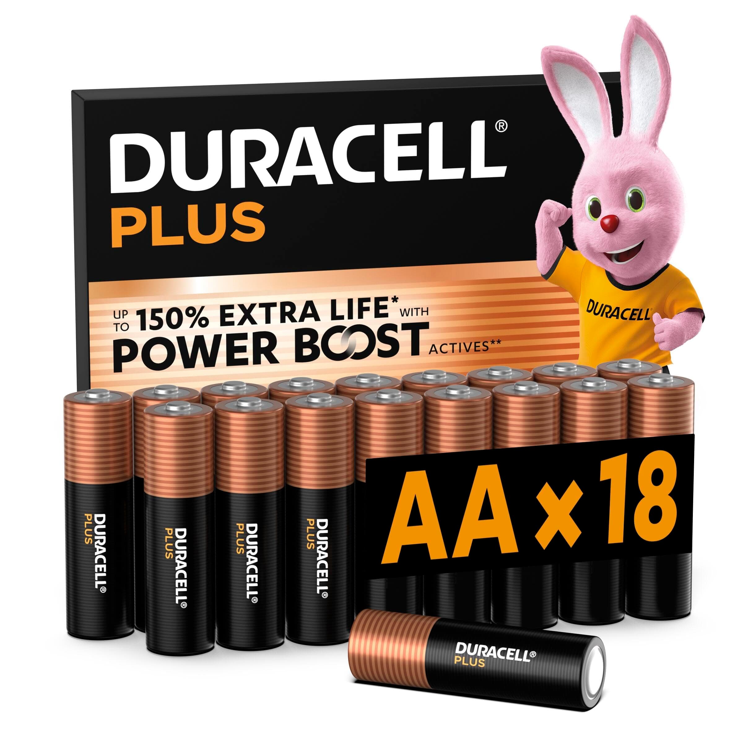 DURACELL Batterie Plus AA (Confezione da 18) – Batterie Alcaline da 1,5 V – Fino al 150% di durata extra con Attivi POWER BOOST– Affidabilità per i dispositivi di utilizzo quotidiano – MN1500