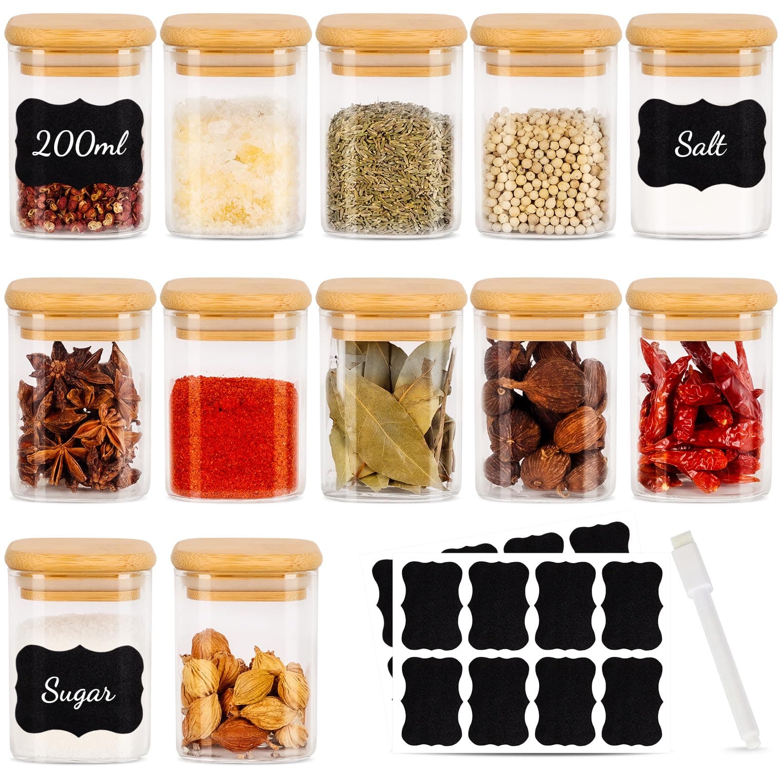 Solvant Lot de 12 Pot a Epices CarréS 200 ml HerméTiques avec Couvercle en Bois, pot Epices Verre, RéCipient à éPices, Ensemble de pots à éPices, Stockage d'éPices, Shaker à éPices, Stockage d'éPices