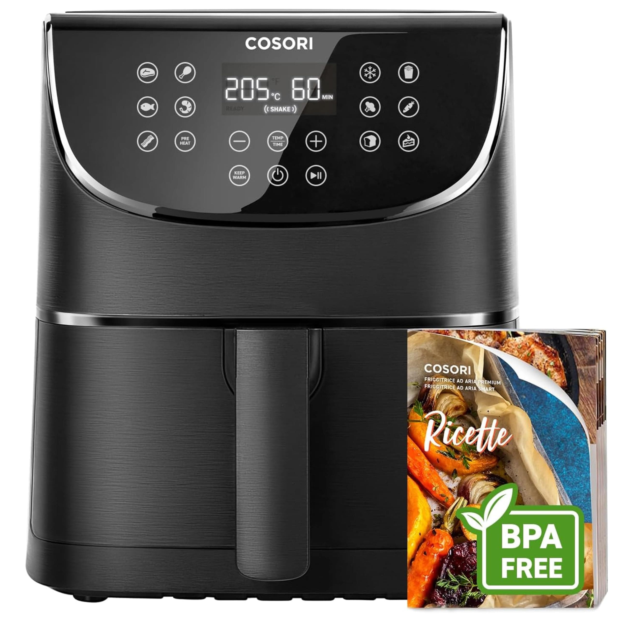 COSORI Friggitrice ad Aria 5,7 Litri, Air Fryer, 13 Funzioni, 97% Meno Olio, 67.5% di Risparmio Energetico, 75-205°C, 40 Ricette Italiane, Display Digitale, Lavabile in Lavastoviglie, CP158 Nero 1700W