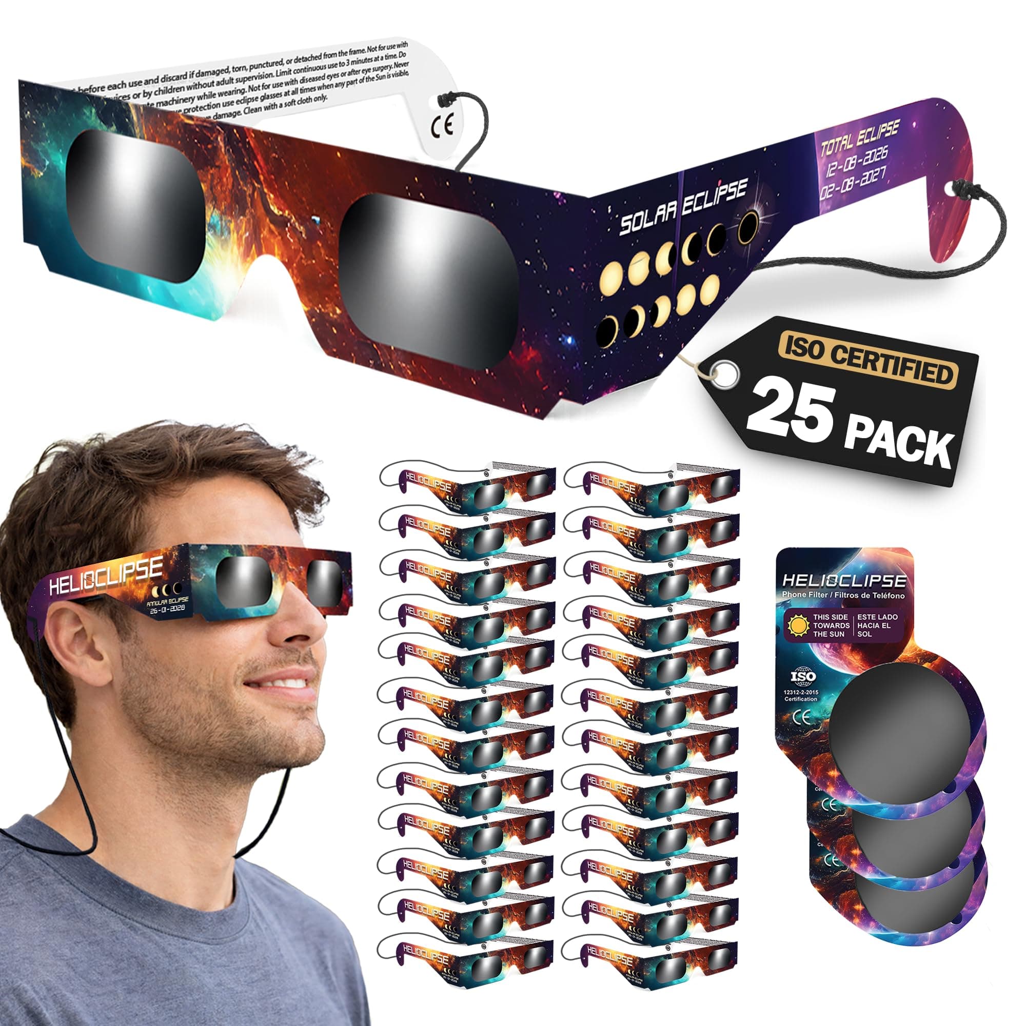Helioclipse Pack de 25 Gafas de Eclipse Solar Homologadas para Ver Eclipse 2026, Gafas Eclipse Solar Homologadas ISO 12312-2, Certificadas CE, Solar Eclipse Glasses, Eclipse Glasses Seguras