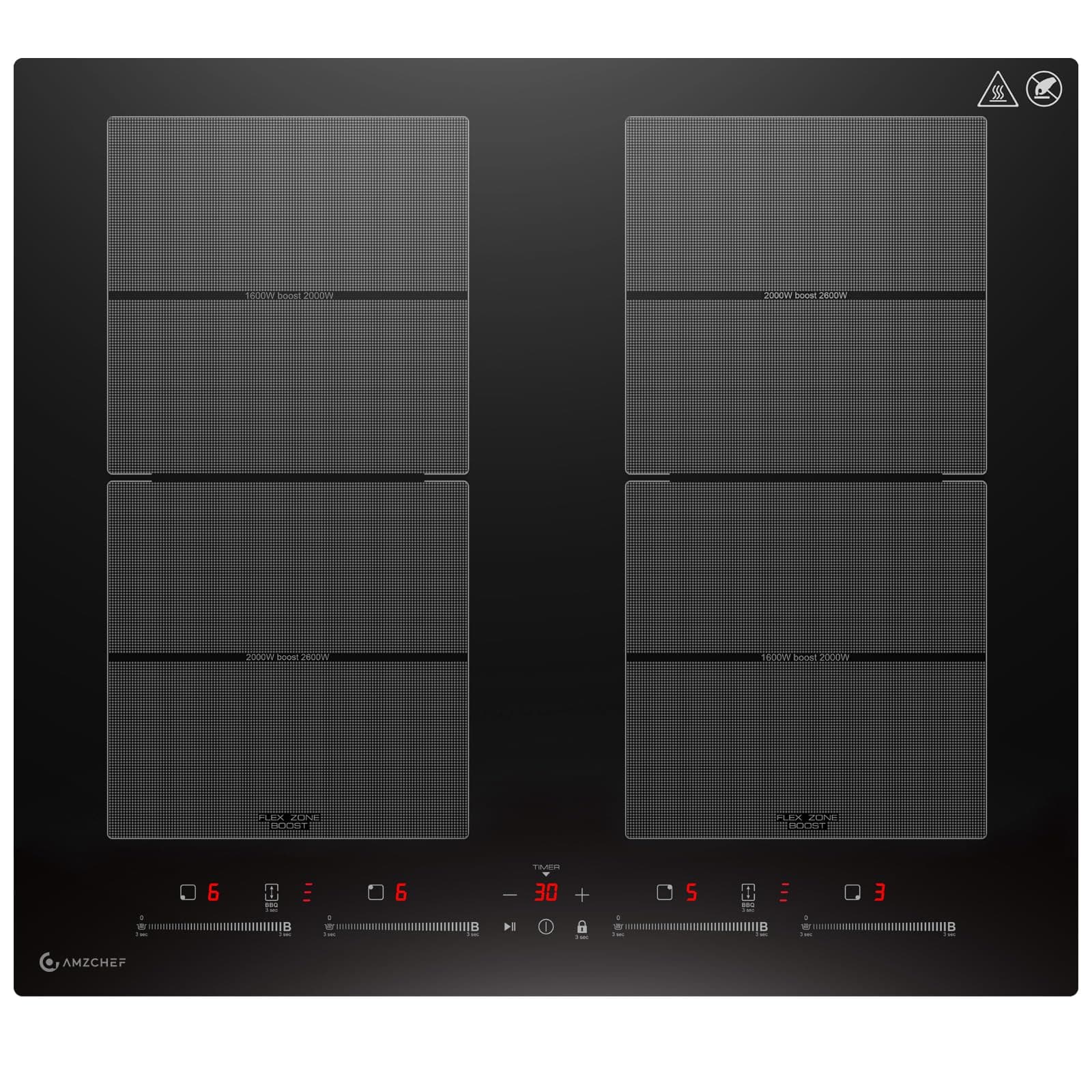 AMZCHEF placa induccion con dos zonas flexibles, placa de inducción de 4 zonas con funcionamiento silencioso (42dB), 9 niveles y refuerzo - Función BBQ, función de pausa y mantener caliente, 7400W