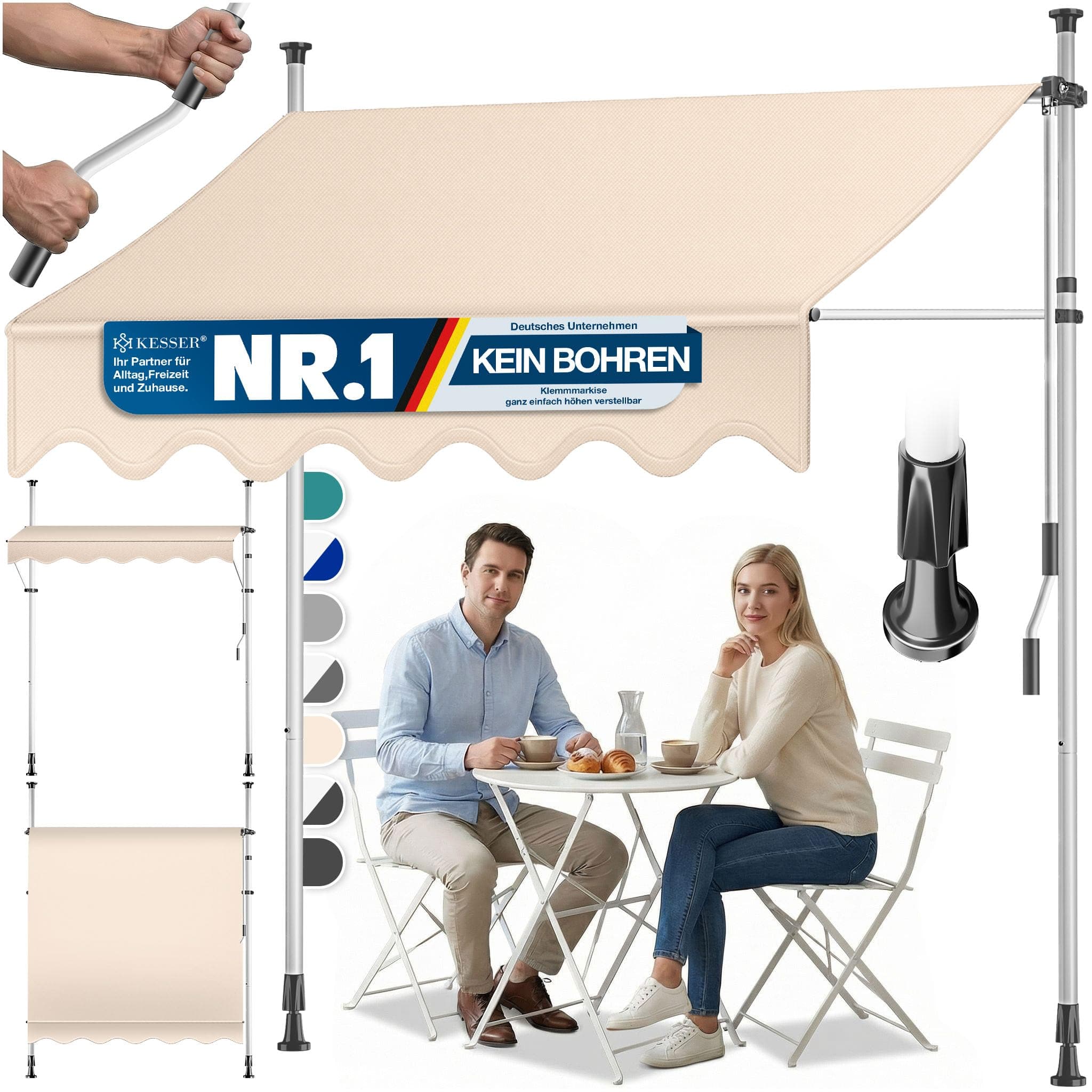 KESSER® Tenda da Sole a Morsetto con manovella per Balcone, Tenda da Sole per Balcone, Regolabile in Altezza, Idrorepellente, Protezione Solare, Copertura per terrazze, Beige, 350cm