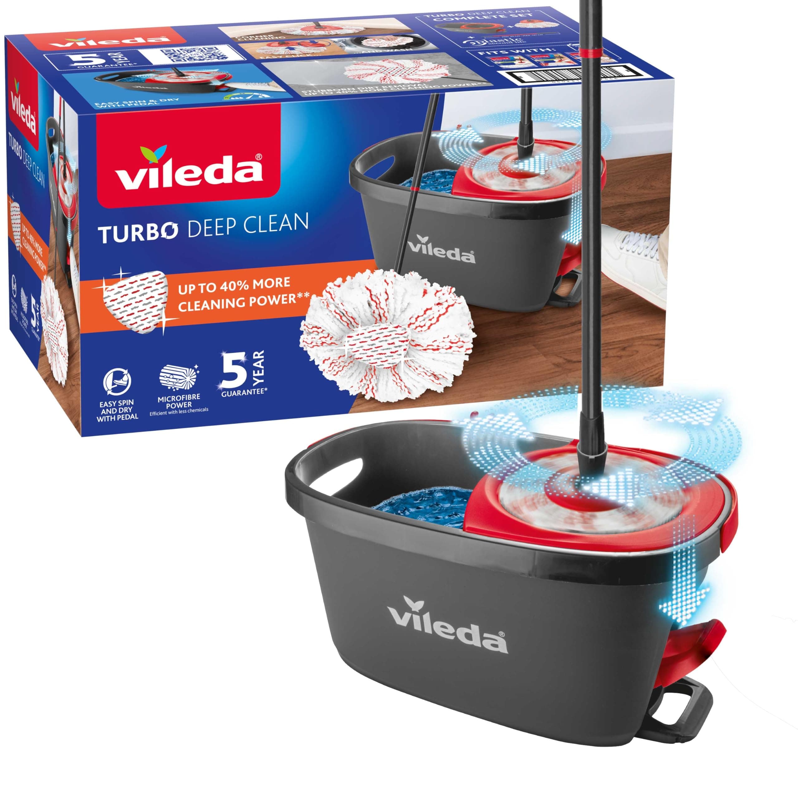 Vileda - Kit Turbo Deep Clean Balai Serpillière avec Seau Essoreur à Pédale - Nettoyage sans Effort des Sols - Microfibres Lavables - Système Laveur de Sol Complet - Retire 99% des Bactéries