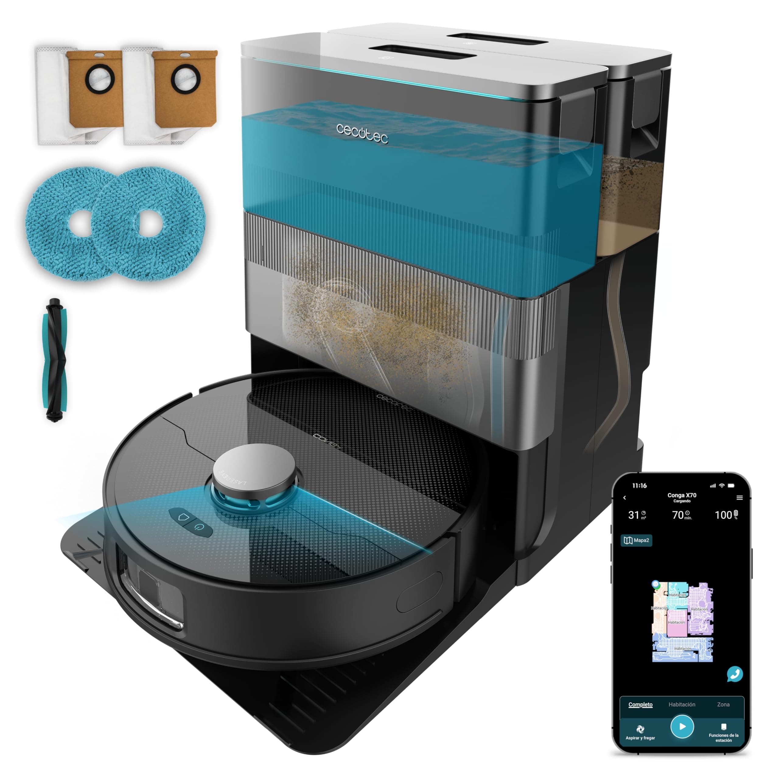 Cecotec Robot Aspirador y Friegasuelos con IA y Base Autovaciado Conga X70 Neo. Motor de Succión 15000Pa, Base 4 en 1, Tecnología Láser, Mopas Giratorias, Cepillo Lateral, App y Bluetooth