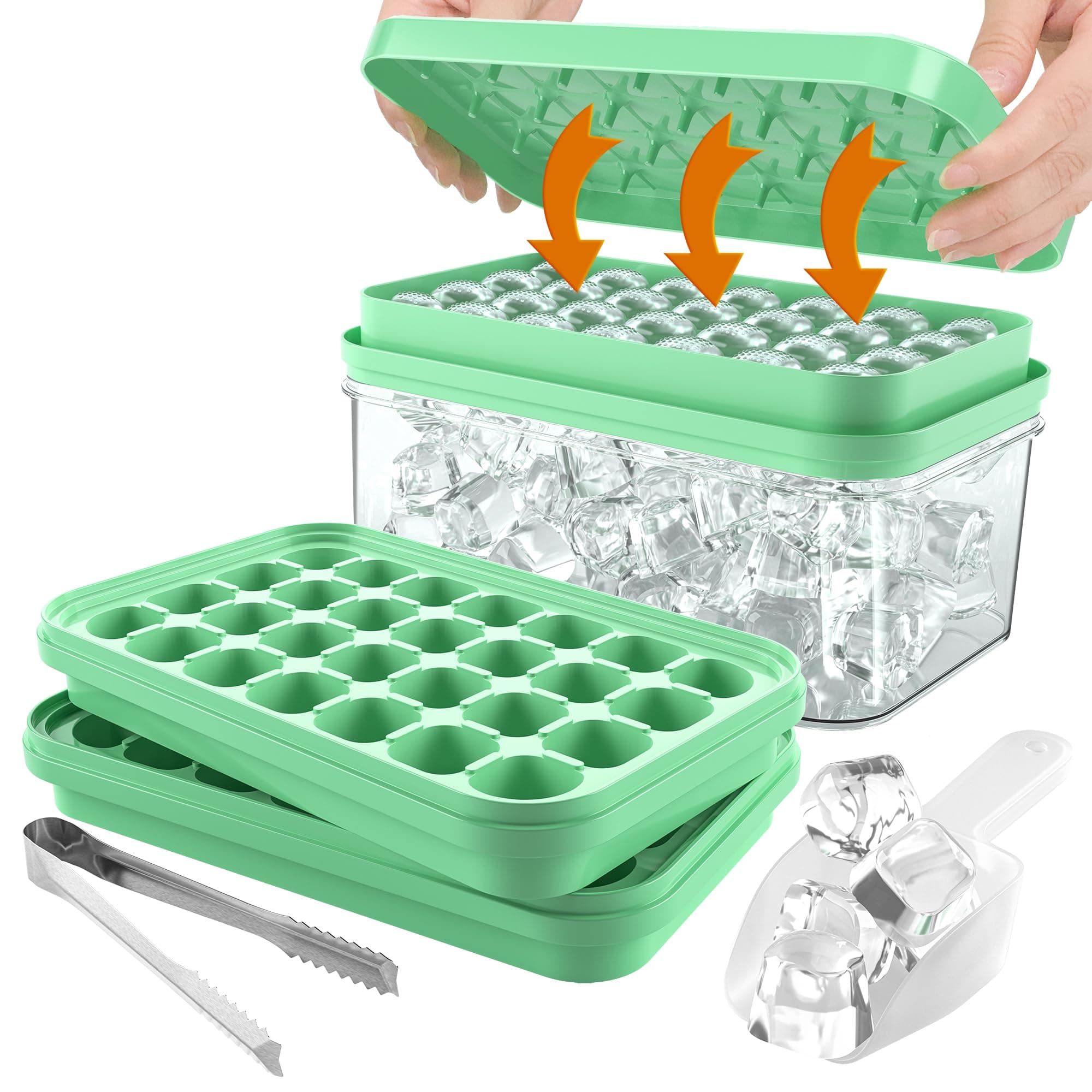 Stampo Ghiaccio con Coperchio e Contenitore, Vassoio per Cubetti di Ghiaccio Senza BPA a Doppio Strato con Pala, Silicone Facile Rilasciare 56 Pezzi Cubetti di Ghiaccio per Bevande (Verde)