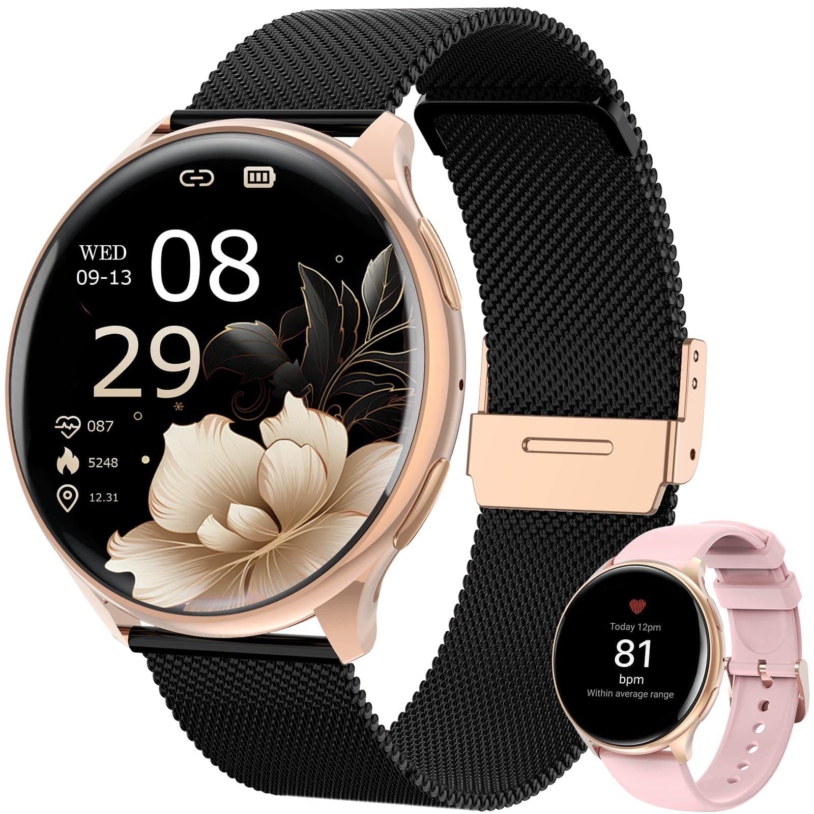 SLOKSFil Reloj Inteligente Mujer, 1,39" SmartWatch Mujer Redondo SpO2, 24H Pulsometro, Presión Arterial, Monitor sueño, Monitor de sueño 120 Deportes para iOS Android (Negro Oro)