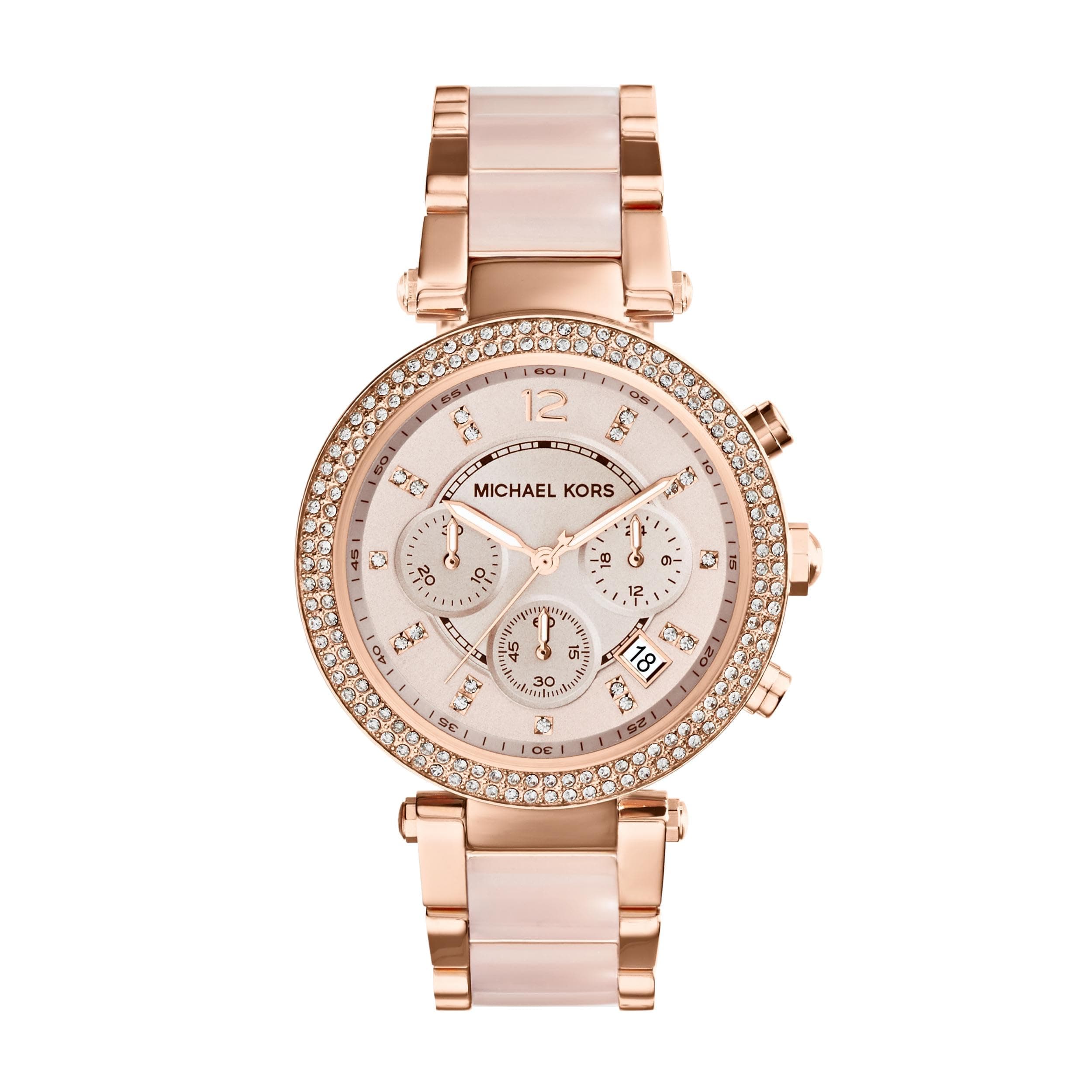 Michael Kors - Reloj Parker cronógrafo de Cuarzo con Correa de Acero Inoxidable en Tono Oro Rosa con eslabones centrales de Acetato ruborizado para Mujer MK5896