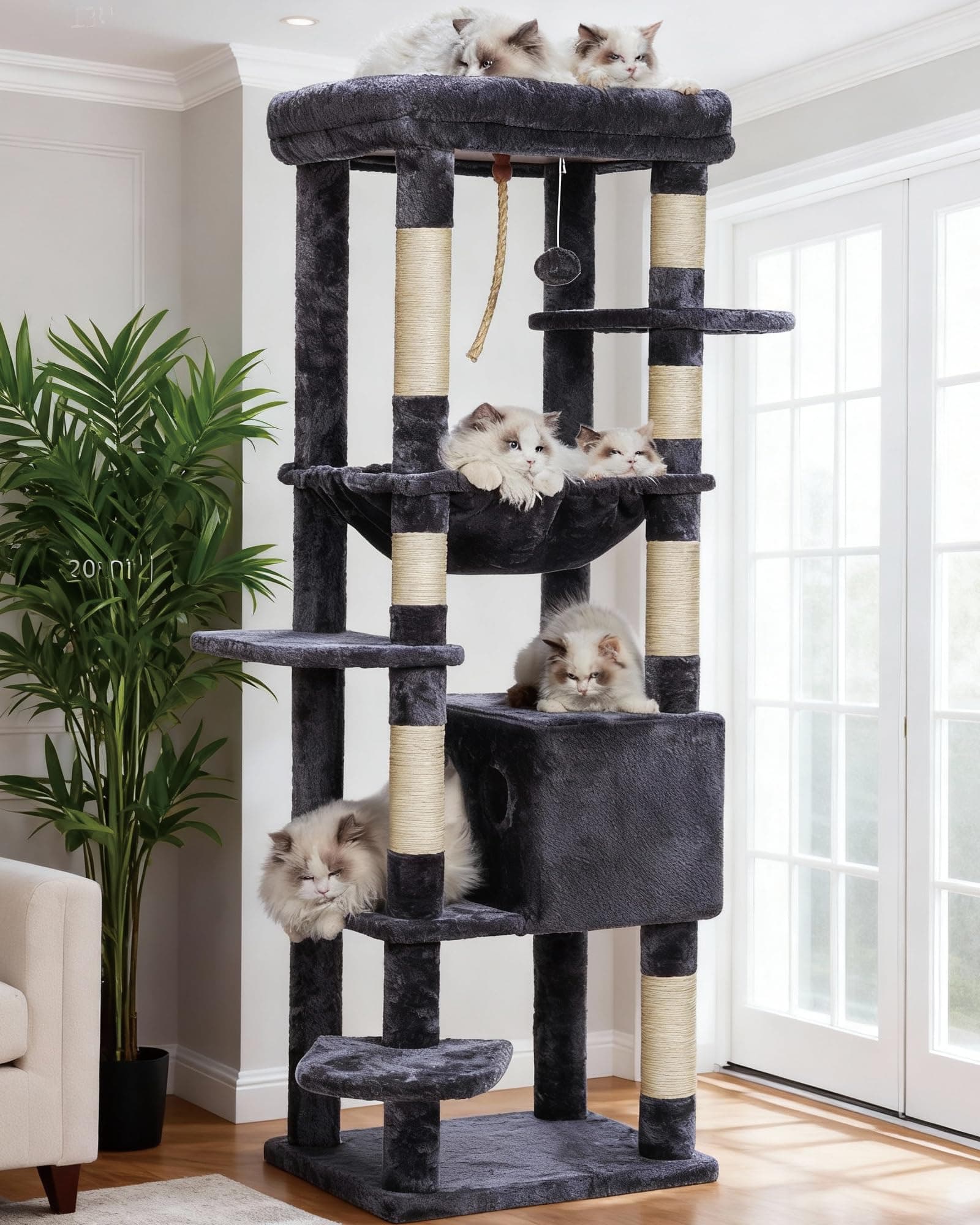 Heybly Arbre à Chat pour Gros Chats 20 lbs (9 kg) Résistant, Tour XXL 152 cm pour Chat d'Intérieur, Meuble Multi-Niveaux avec Plateforme en Peluche, Panier Doudou, Condo HCT050G