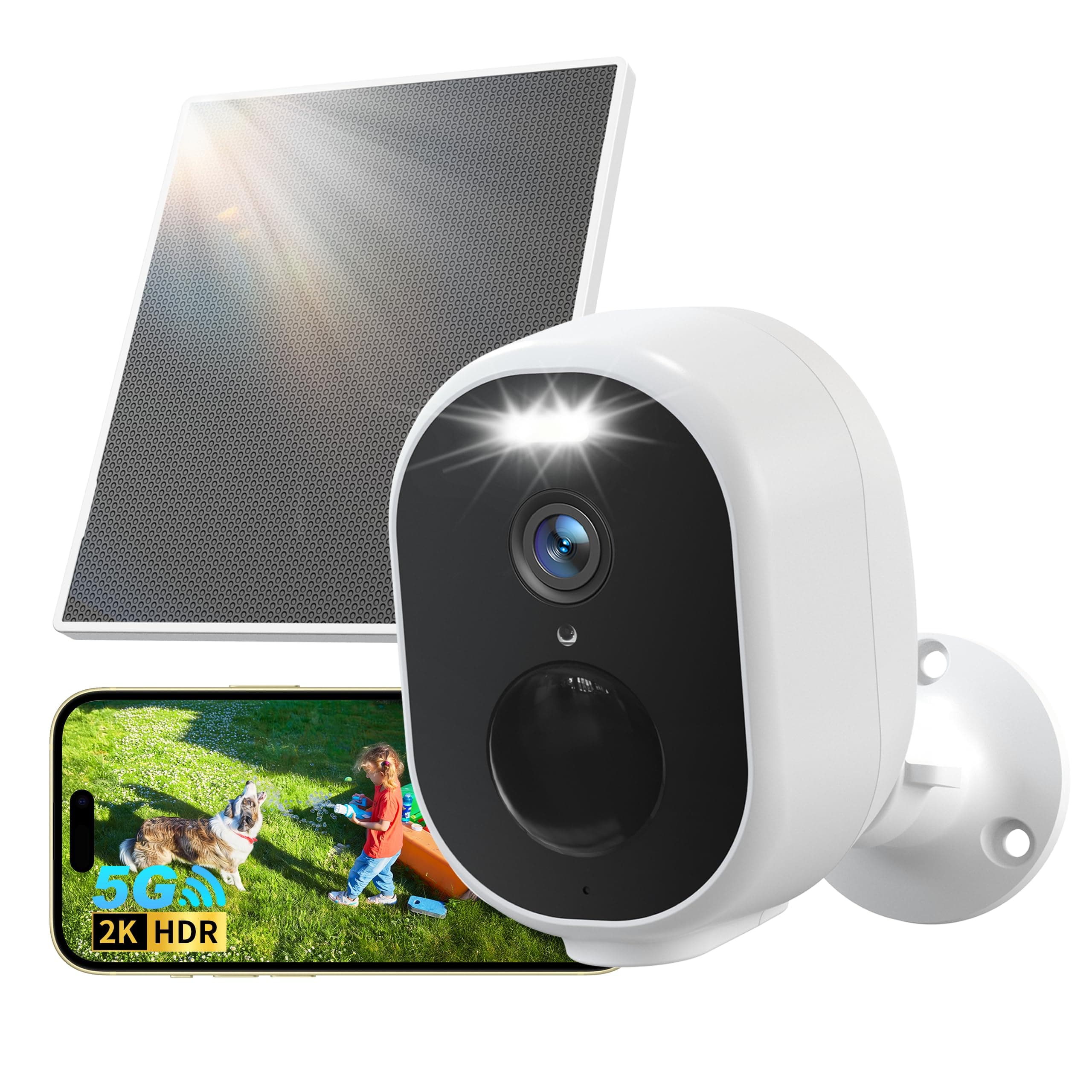 GNCC 2K Camera Exterieur WiFi sans Fil Solaire sur Vision Nocturne Couleur | 5G/2.4GHz, Détection Humaine AI, Détection de Mouvement, Audio Bidirectionnel, SD/Cloud, Sirène, IP65, Compatible avec Alexa
