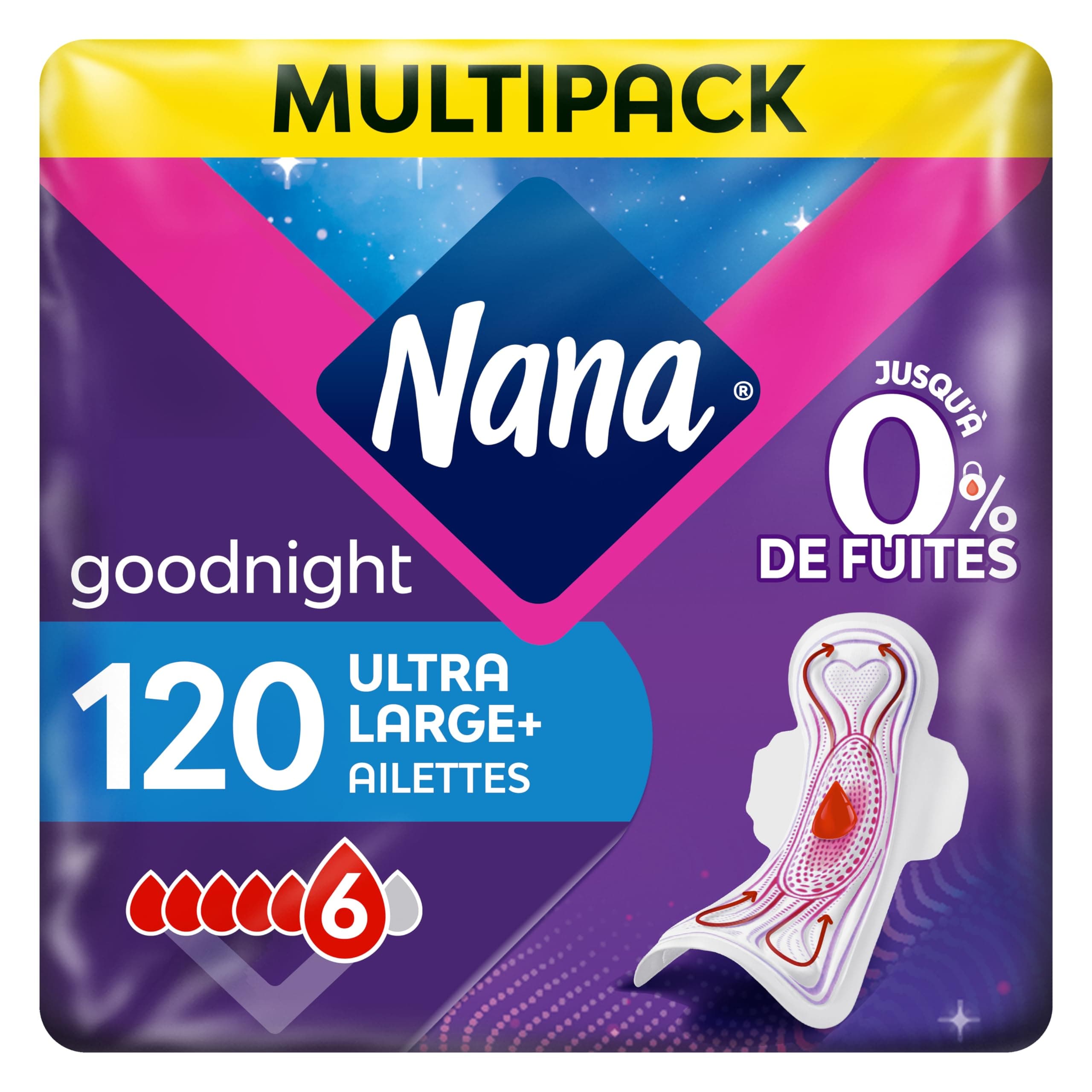 Nana Ultra Goodnight Large Serviettes Hygiéniques Avec Ailettes - Flux Très Abondants - 20 Serviettes En Pochette Individuelle