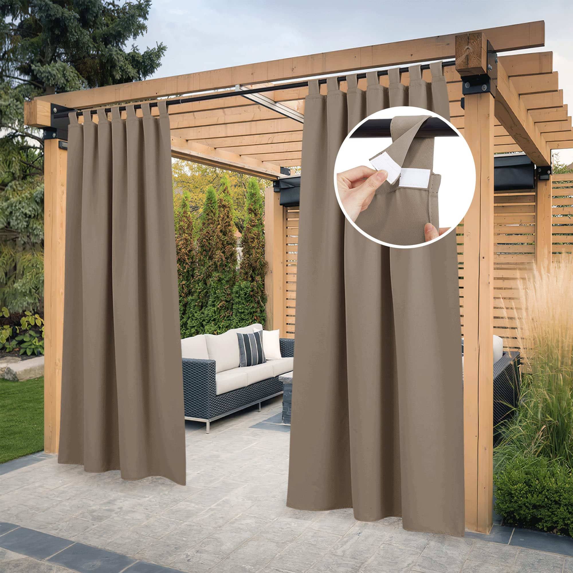 PONY DANCE Cortinas Opacas Impermeable Exterior Terraza, Cortinas Blackout para Balcon/Jardin/Pergolas con Trabillas Adhesivas 2 Piezas,132x213cm(AnxAl),Moca