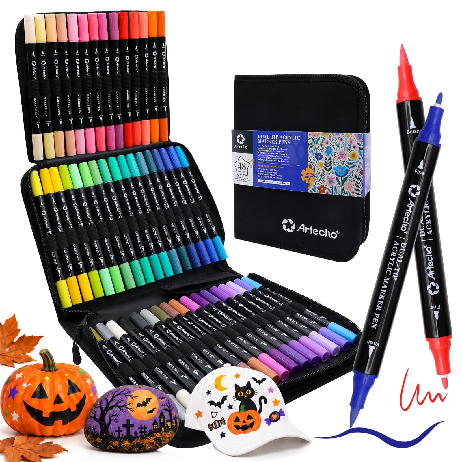 Artecho Pennarelli acrilici in 48 colori con borsa, penne acriliche con punta a pennello e punta fine per pietra, pittura su roccia, carta, zucca, legno, uovo, tela, ceramica, tessuto, pelle, vetro