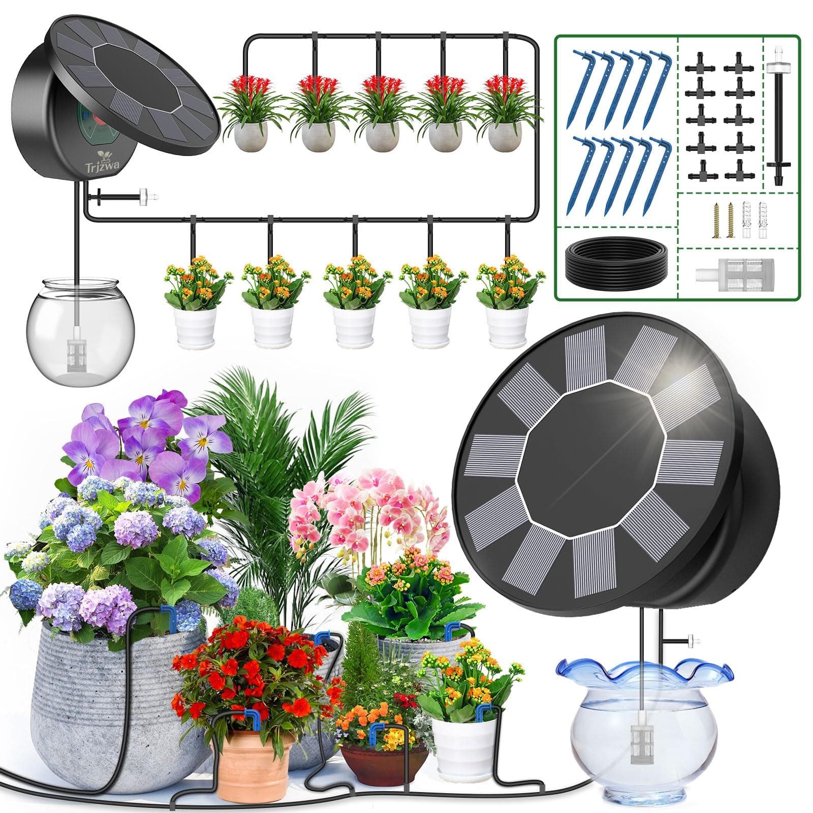 TRJZWA Arrosage Goutte à Goutte Énergie Solaire, 2025 Nouveau Couvercle Rond Kit Arrosage Automatique pour Intérieur et Exterieur Balcon Jardin Plante, Programmateur Arrosage avec 10M Tuyau Arrosage