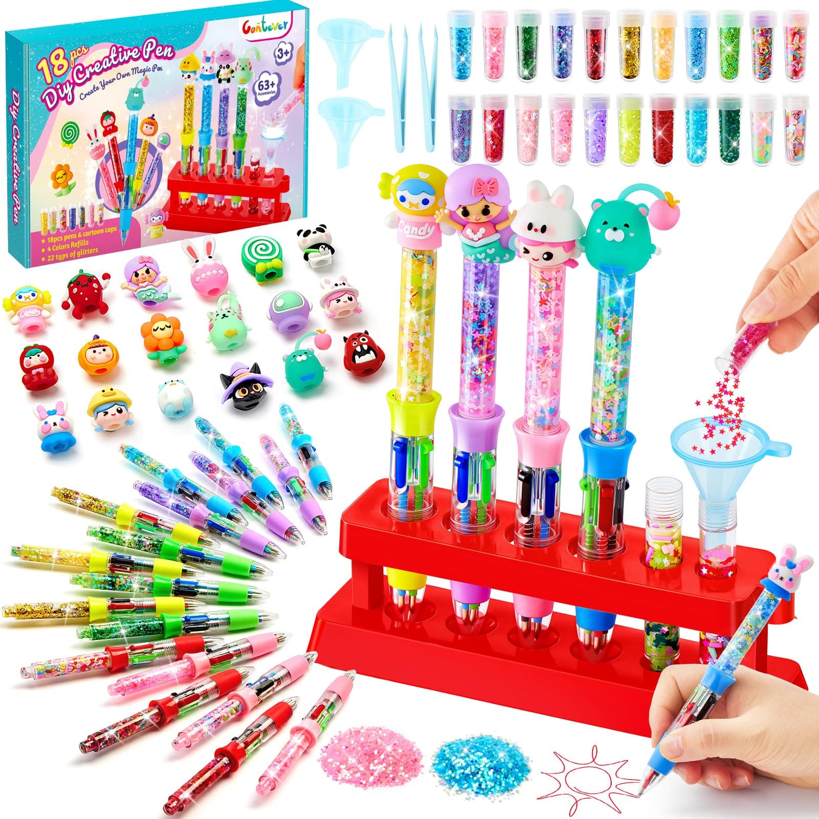 Contever Kit de Creación de Bolígrafos 65+ pcs, Cree 18 Personalizados con Recambio de 4 Colores,Laboratorio de Bolígrafos, Manualidades Niños 5-12 años, Regalo Juguetes para Niños y Niñas