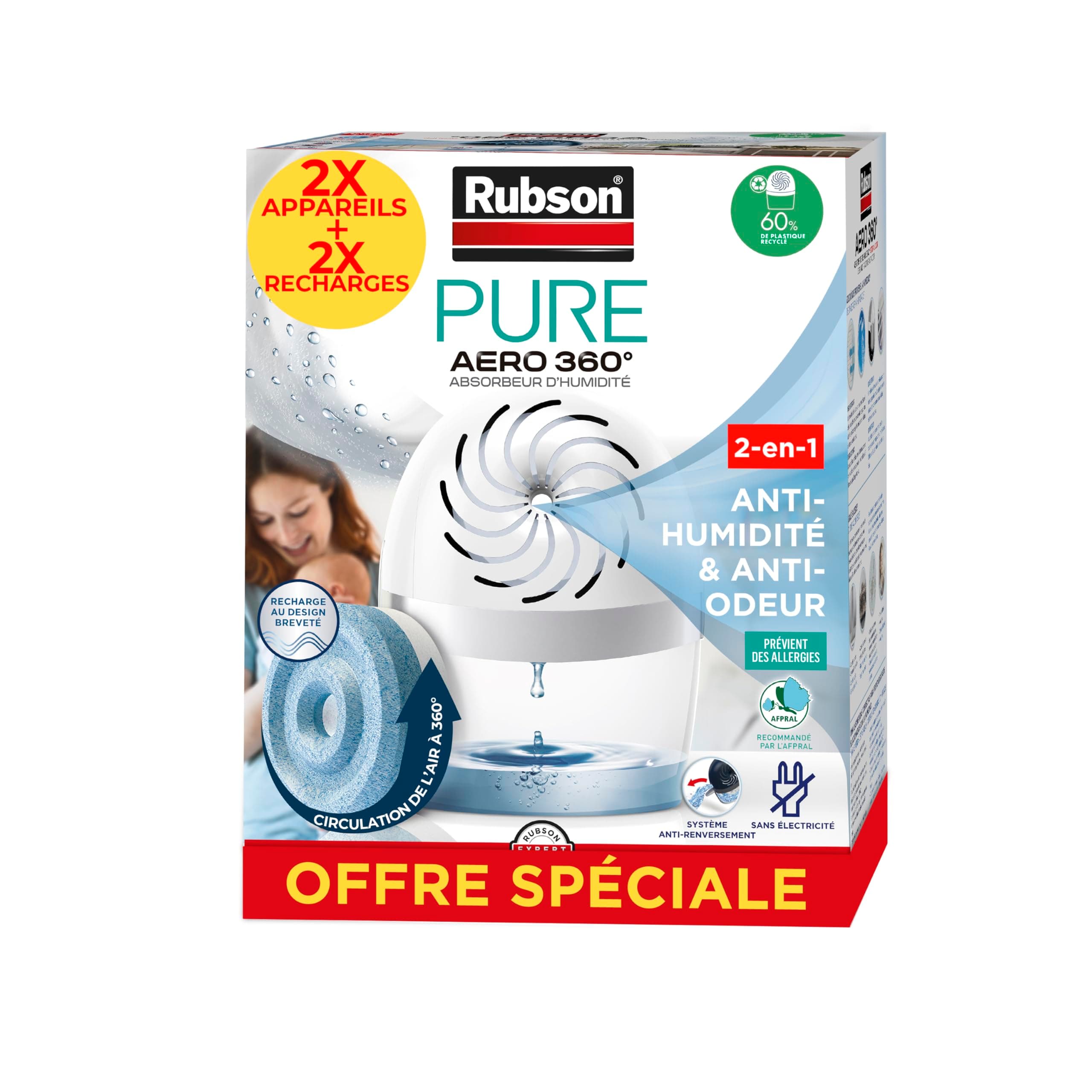 Rubson – Lot de 2 absorbeurs d'humidité AERO 360° Pure (2 appareils + 2 recharges) – Assainisseurs et déshumidificateurs d’air pour pièces de 20 m² – Recommandé par l'AFPRAL