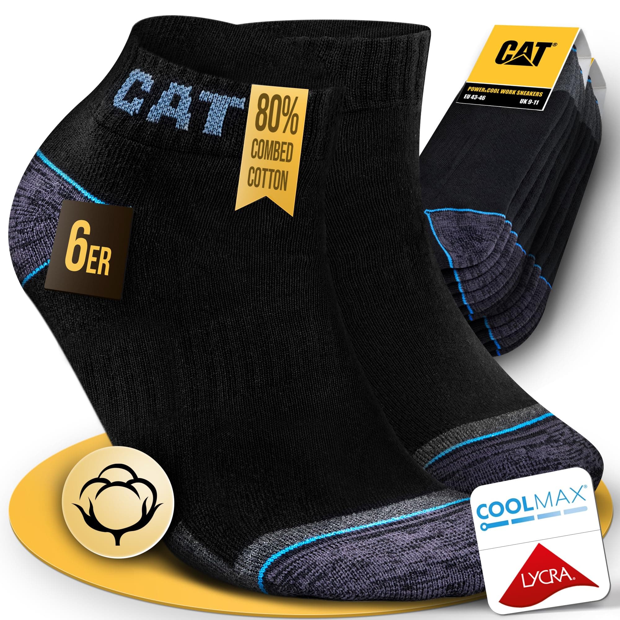 CAT 6 Paar CATERPILLAR POWER & COOL WORK SNEAKERS ArbeitsSneaker Sneaker-Socken ArbeitsSocken Strümpfe Füßlinge Knöchelhoch Größen 39-42, 43-46, 47-50