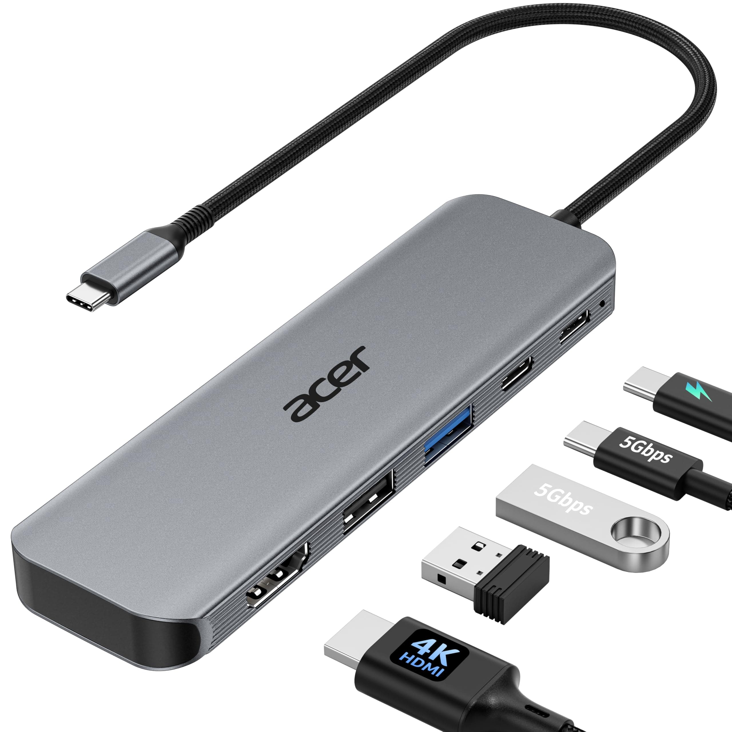 acer USB C Hub 5-in-1, 4K@60Hz USB C auf HDMI Adapter, USB-A+USB-C 5 Gbps Datenport, PD 100W, Multiport USB C Splitter Kompatibel mit Windows, iOS, macOS, Ideal für iPad Pro/Air, MacBook und Surface