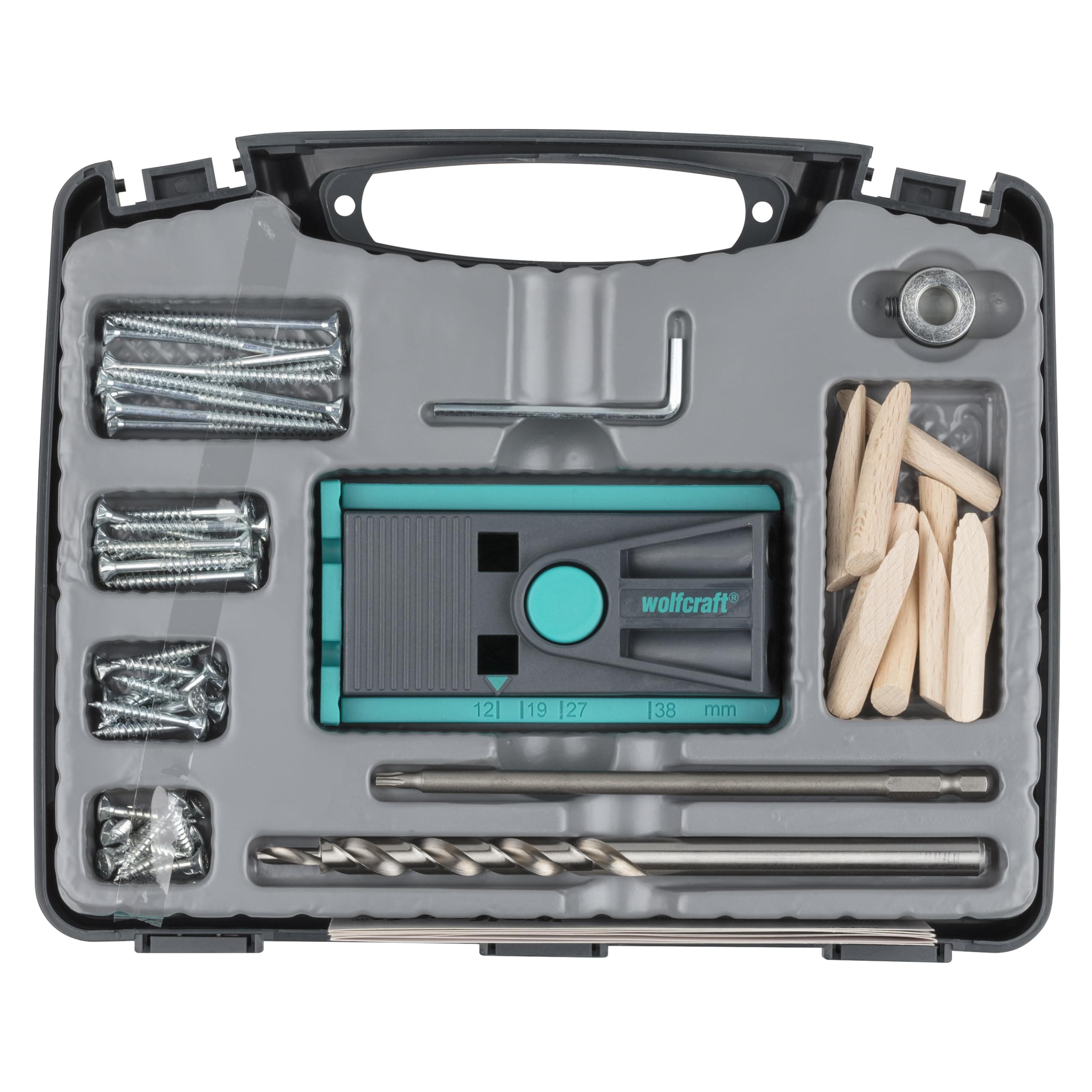 wolfcraft Undercover Jig Set Torx – 4642100 - Versteckte Holzverbindungen für Möbelbau und Holzbearbeitung, Bohrschablone inkl. Zubehör im Koffer - Taschenlochbohrungen