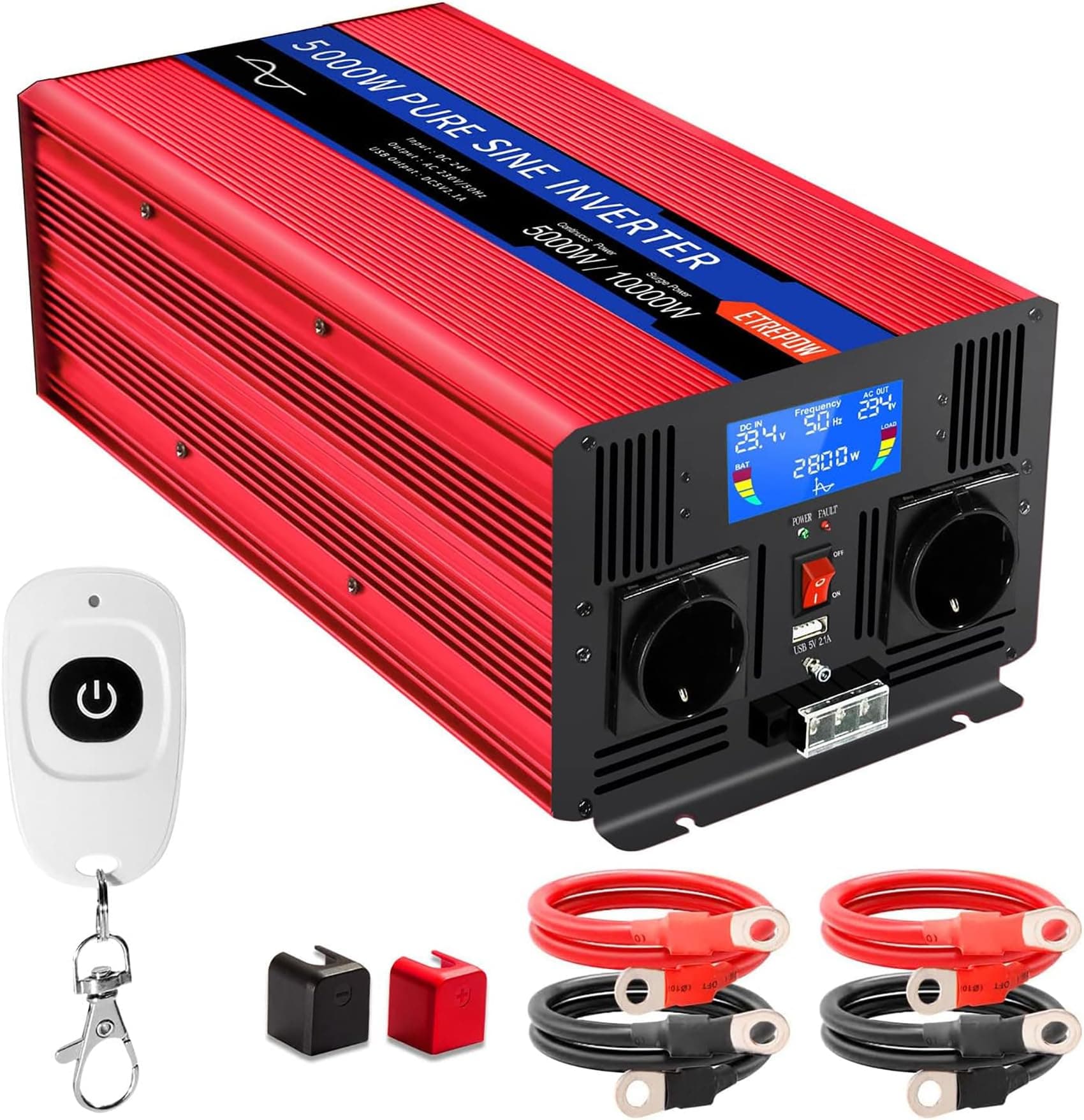 ETREPOW 5000W Convertisseur 24v 220v/230v Pur Sinus Onduleurs Transformateur -2 Prise EU de Courant Alternatif,1 Port USB,télécommande sans Fil et écran LCD, pour Camions, Camping, Voyage