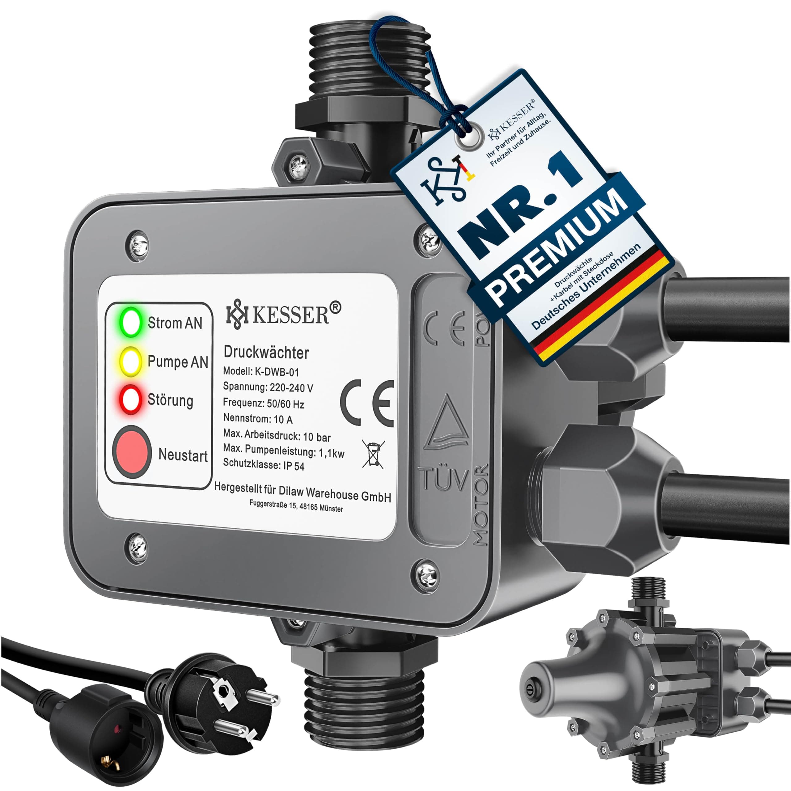KESSER® Druckwächter Druckschalter | 10 bar Pumpensteuerung | Hauswasserwerk | Gartenbewässerung | Mit Kabel | konstanter Wasserdruck | Garten & Haus | automatisches Ein- und Ausschalten, Anthrazit