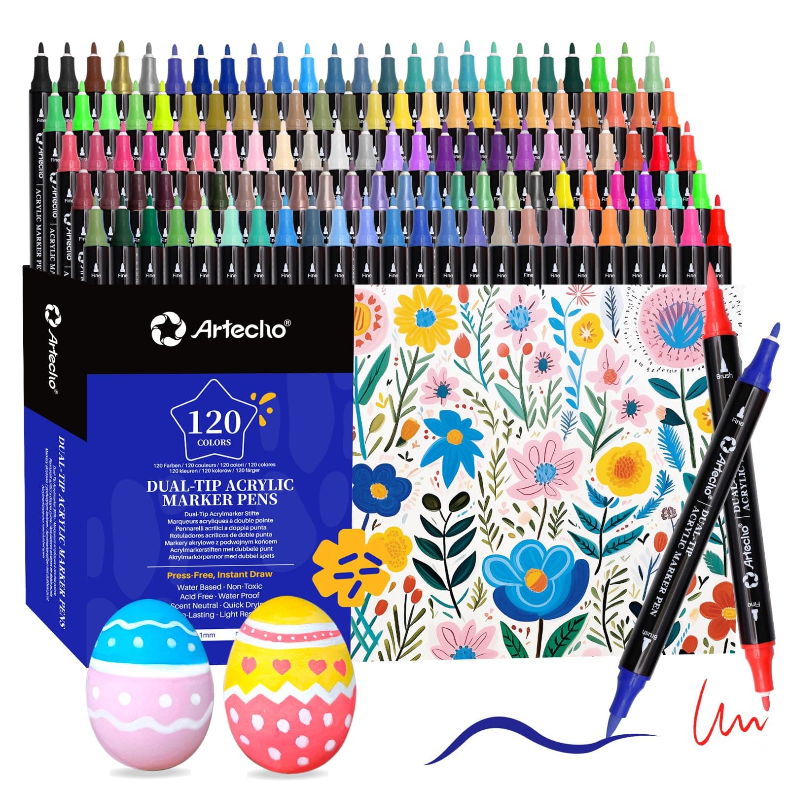 Artecho Lápices acrílicos de 120 colores, 0,5 – 5 mm, resistente al agua, doble punta (pincel y punta fina), con extremos dobles para pintura de roca, papel, madera, huevo, lienzo
