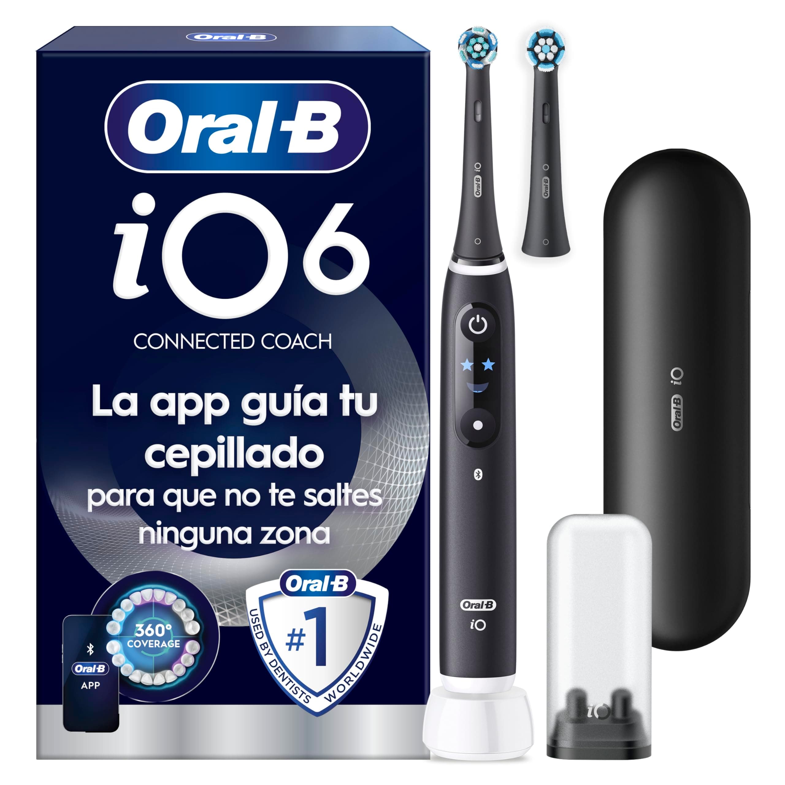 Oral-B iO 6N Cepillo de Dientes Eléctrico Negro Con Mango Recargable, 2 Cabezales y 1 Estuche de Viaje, 5 Modos De Cepillado Con Blanqueamiento Dental, Sensor De Presión, Diseñado por Braun