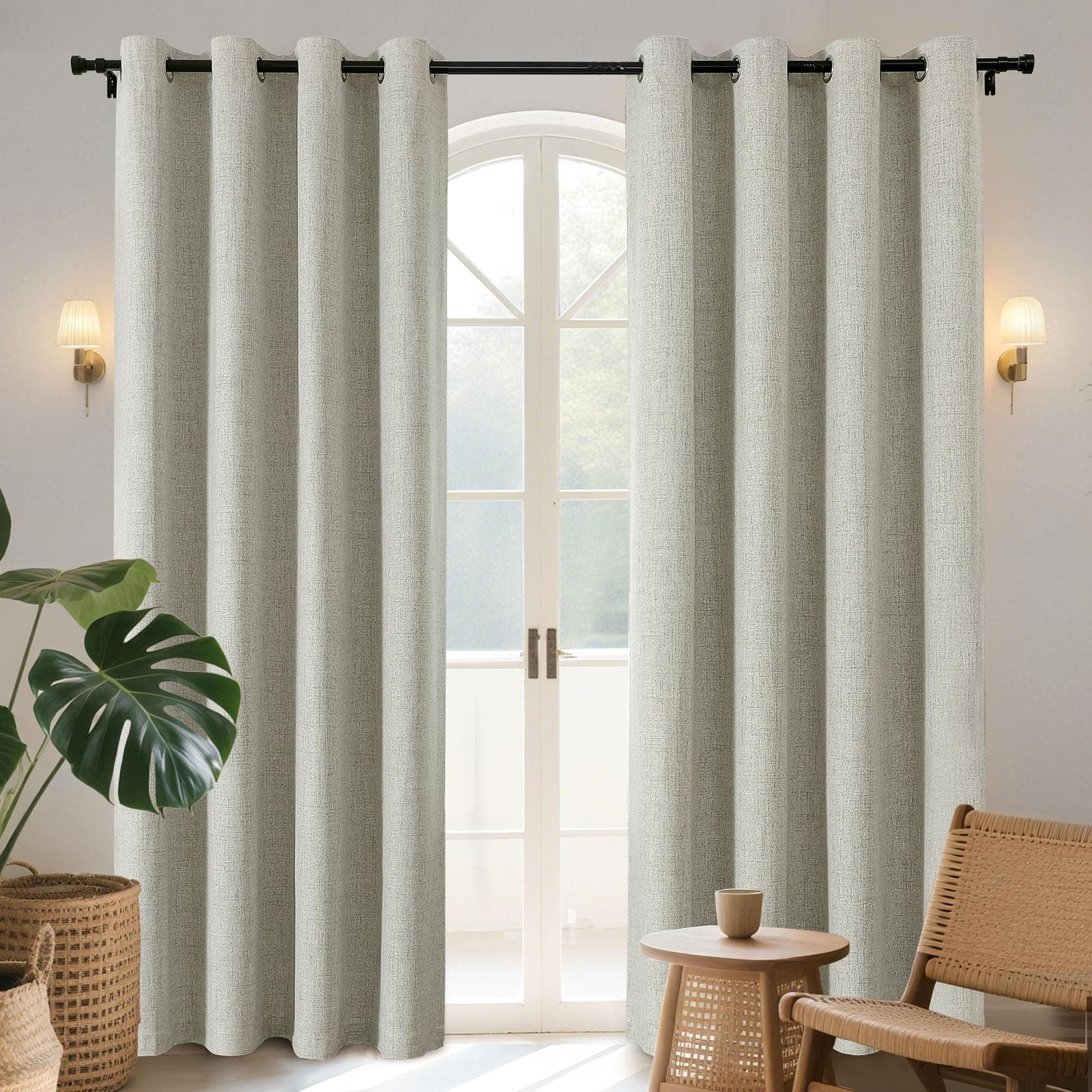 Joydeco 100% Rideau Occultant Thermique Isolant Anti Froid et Chaleur 140x245cm 2 Pièces, Rideaux Opaques Effet Lin à Oeillets Anti UV Anti Bruit, Decoration Chambre Maison Salon - Beige Clair