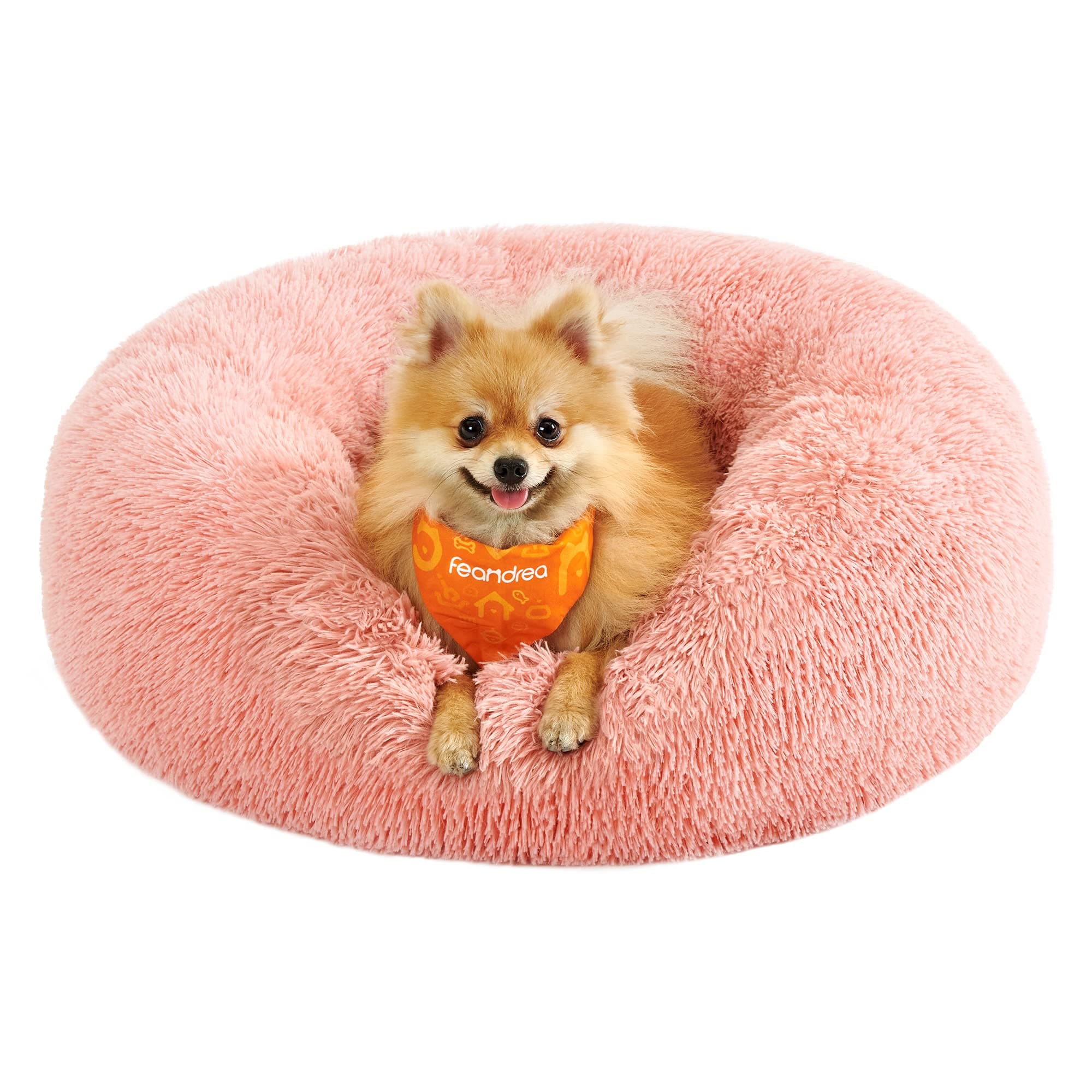 Feandrea Hundebett flauschig, Katzenbett, Donut Kissen, waschbar, Polsterung in der Mitte herausnehmbar, Langer Plüsch, 60 cm Durchmesser, rosa PGW038P01