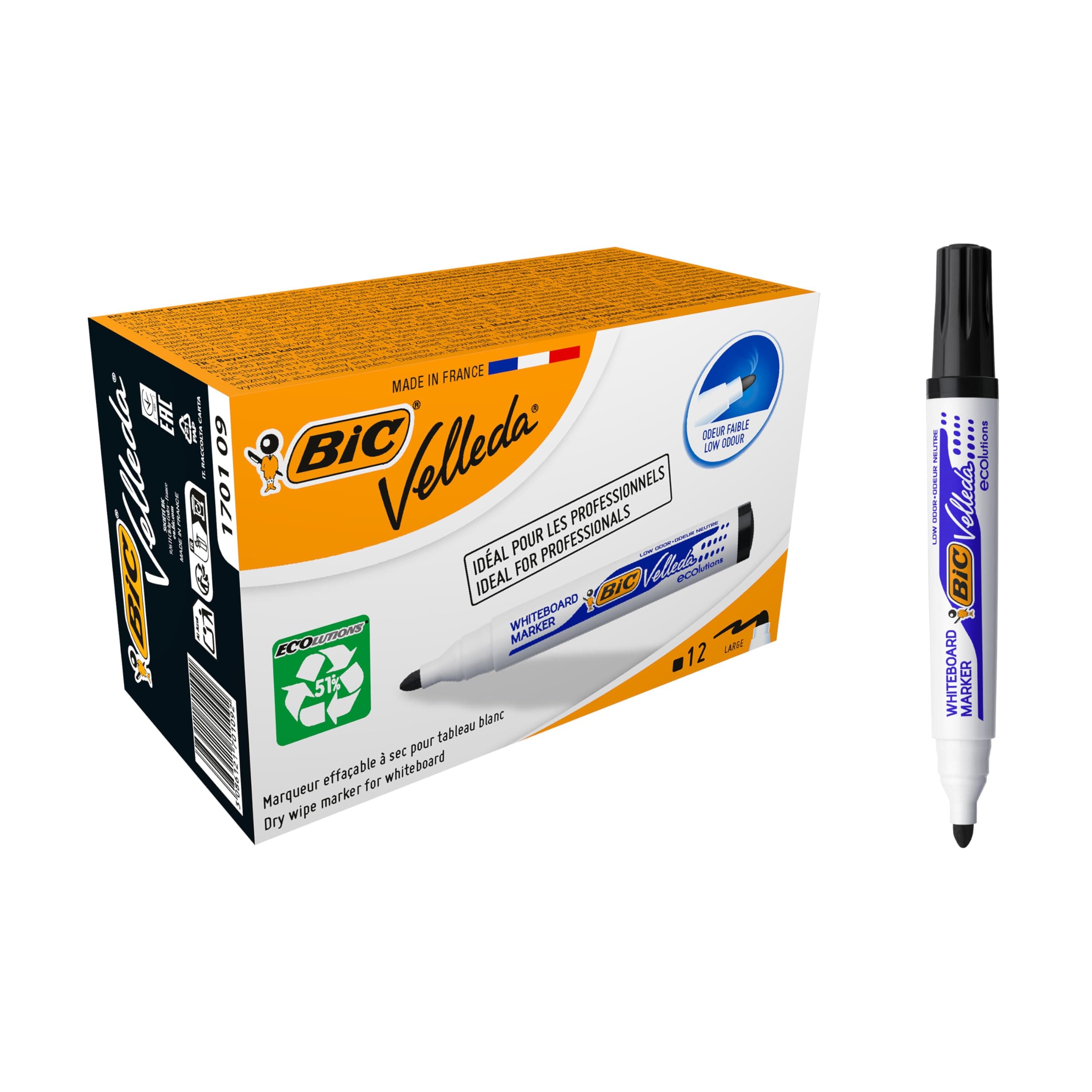 BIC Velleda 1701 ECOlutions Feutres pour Tableau Blanc Effaçables à Sec (Parfait pour l'Ecole et au Bureau / Pointe Conique Large) - Noir, Boîte de 12