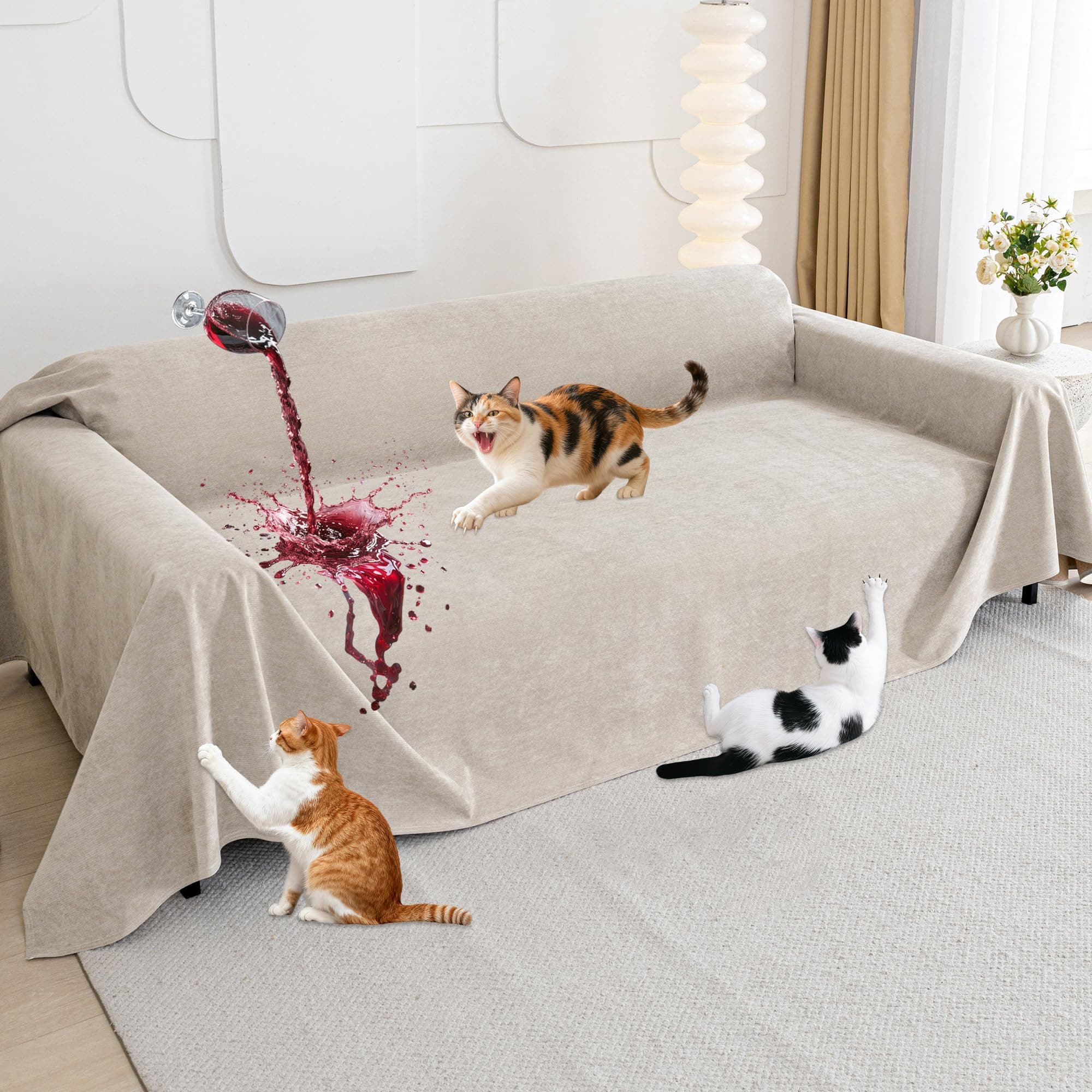 Loiion Protezione Divano Graffi Gatto, Impermeabile Divano Copertura, Copridivano Mobili Protector, Copridivani Impermeabile Resistente Alle Macchie E Ai Graffi per Cani e Gatti, Cachi, 300x180cm