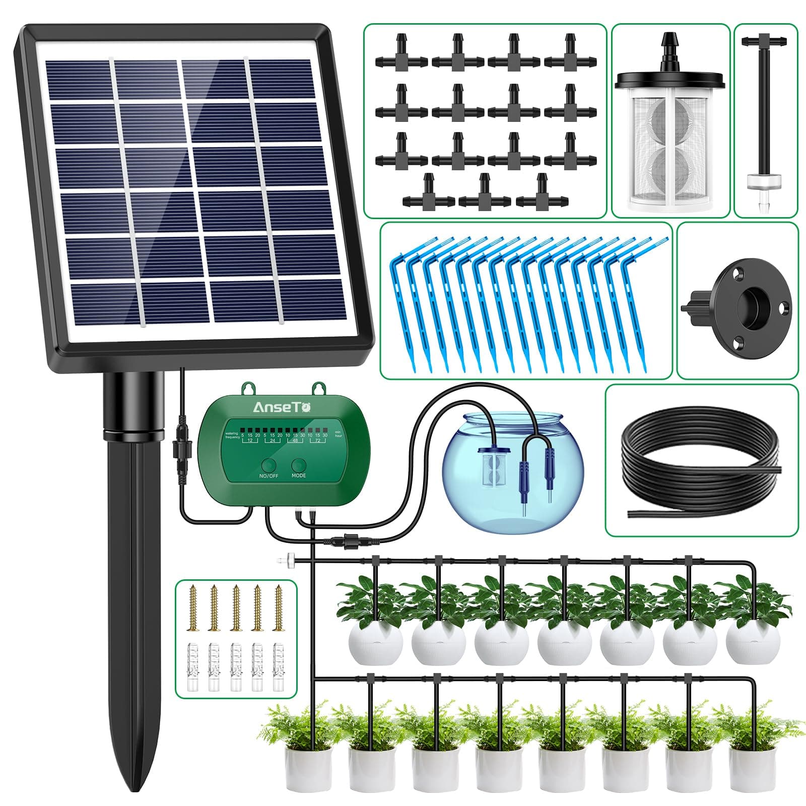 AnseTo Sistema de Riego Solar para Jardín, Kit Riego por Goteo Solar con 15 Micro Cabezales de Goteo, Riego por Goteo Automatico para Vacaciones Terrazas de Balcones Invernaderos Macetas Plantas