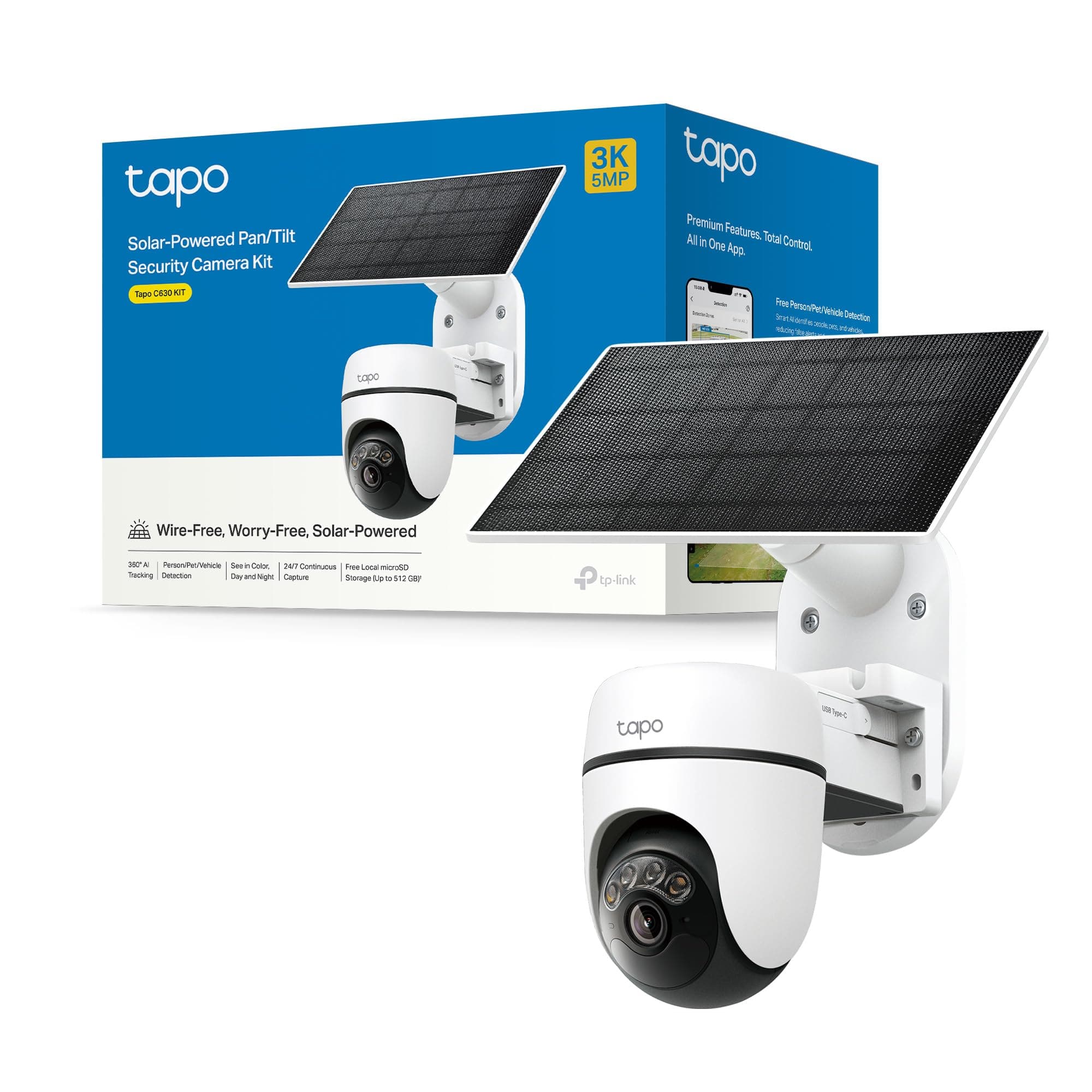 Tapo C630 KIT 3K 5MP Telecamera Wifi Esterno Senza Fili con Pannello Solare, 360° PTZ Videocamera Sorveglianza a Batteria 6700mAh, Visione Notturna a Colori, Rilevamento/Tracciamento AI, IP65