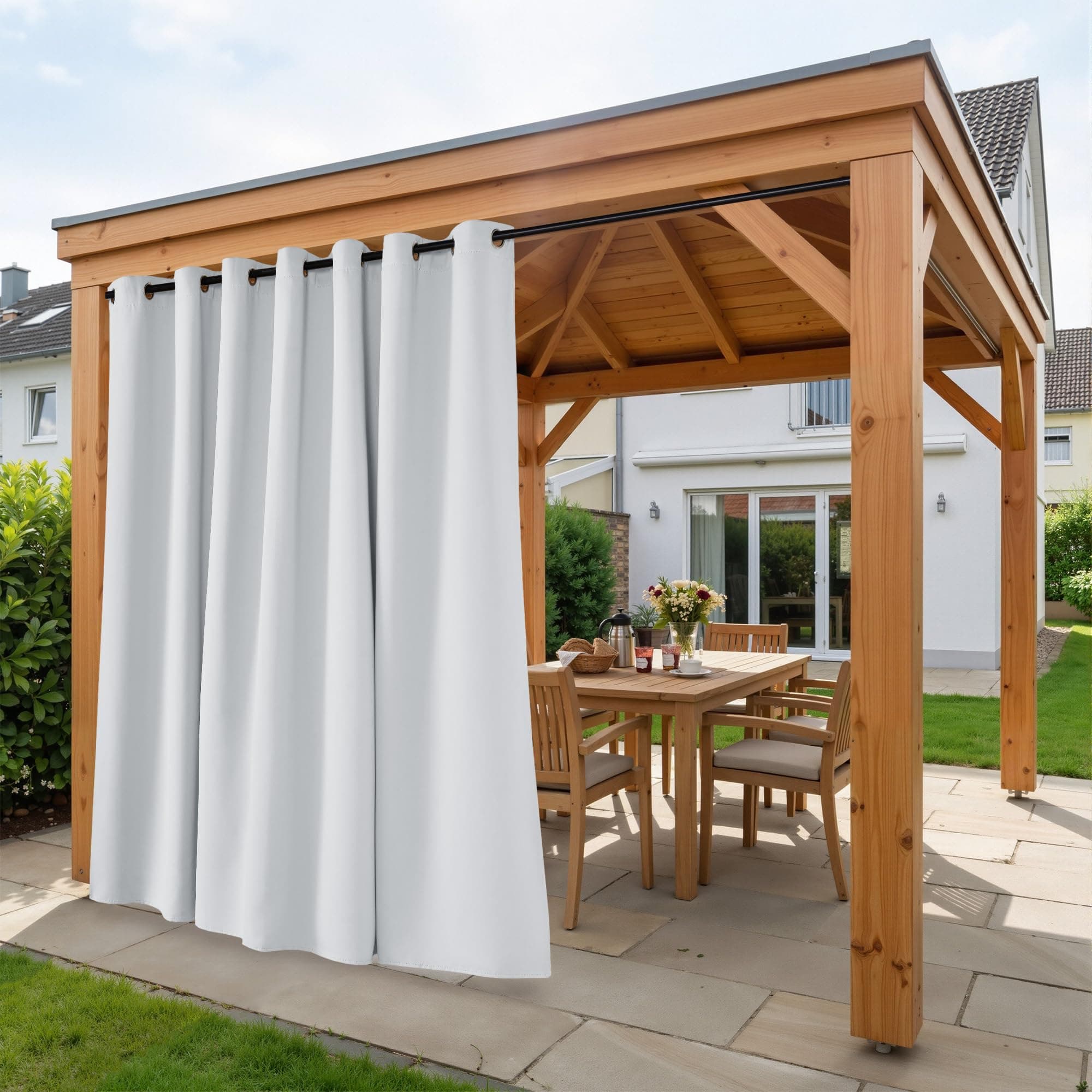 PONY DANCE Cortinas Opacas Impermeable Exterior Terraza, Cortinas Blackout Grandes para Balcon/Jardin/Pergolas con Ojales 1 Pieza,254x213cm(AnxAl),Blanco Gris