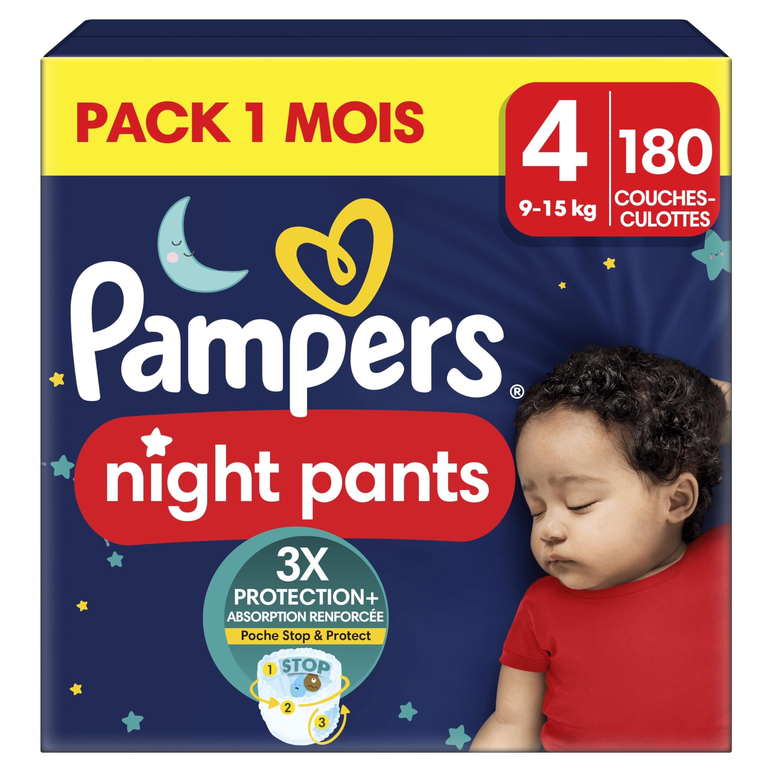 Pampers Night Pants, Taille 4, 180 Couches-Culottes, 9-15kg, Maintien 360° Contre Les Fuites Avec Un Cœur Super Absorbant Pour Une Protection Renforcée Toute La Nuit, Pack 1 Mois