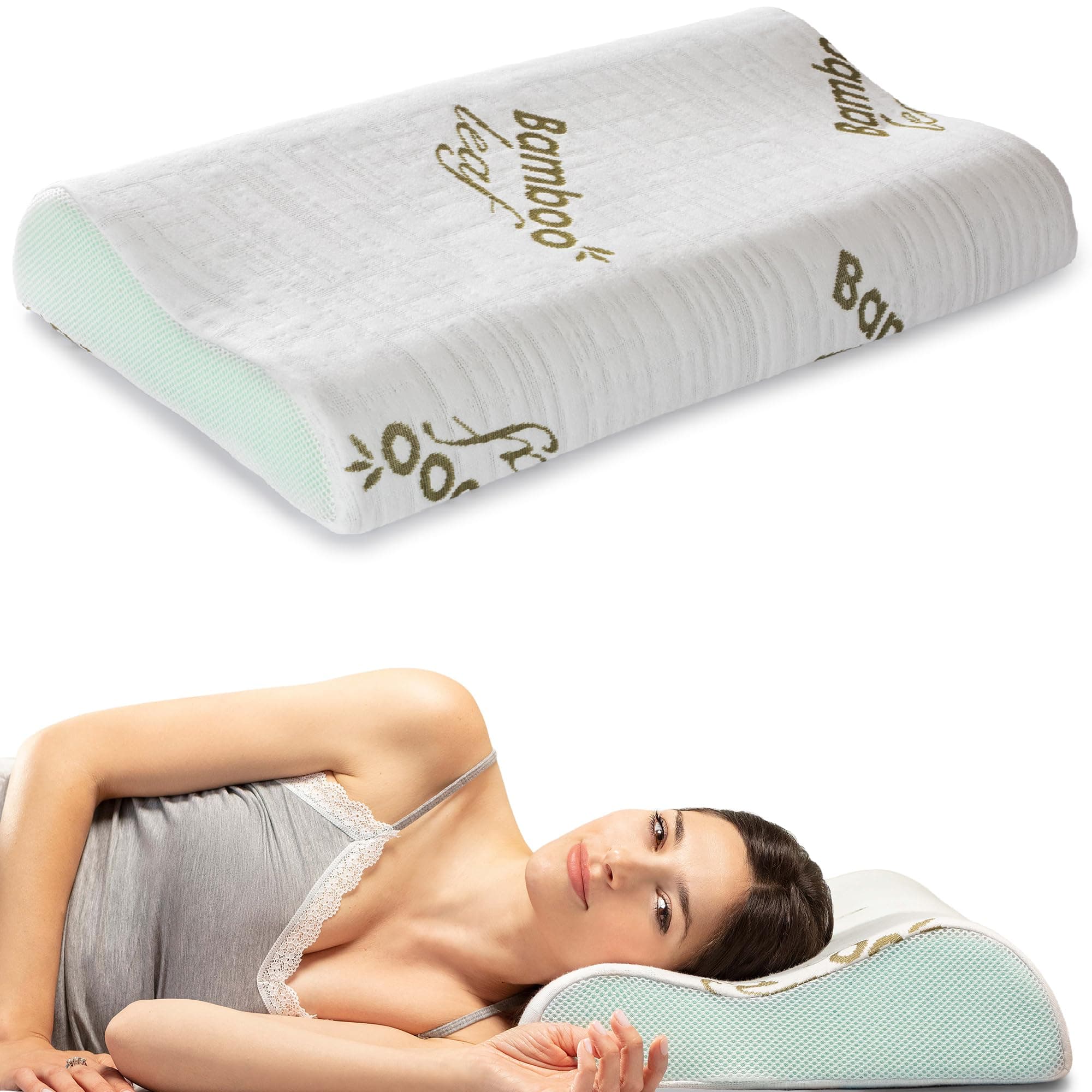 Flowen Cuscino Cervicale Memory Foam per Dormire Ortopedico Aloe Vera Guanciale a Doppia Onda Ideale per Supporto al Collo Ergonomico Traspirante Antirussamento Anallergico Federa Bamboo Lavabile