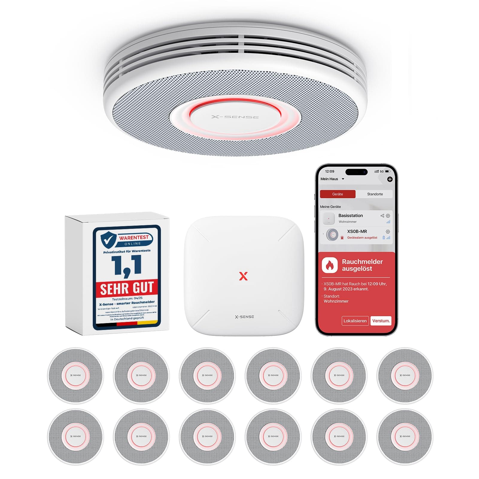 X-Sense Smarter Rauchmelder WLAN mit Sprachausgabe und 17 Standorten, Feuermelder, Rauchmelder vernetzt, 33 mm, Brandmelder mit SBS50 Basisstation, XS0B-MR121, 12 Stück