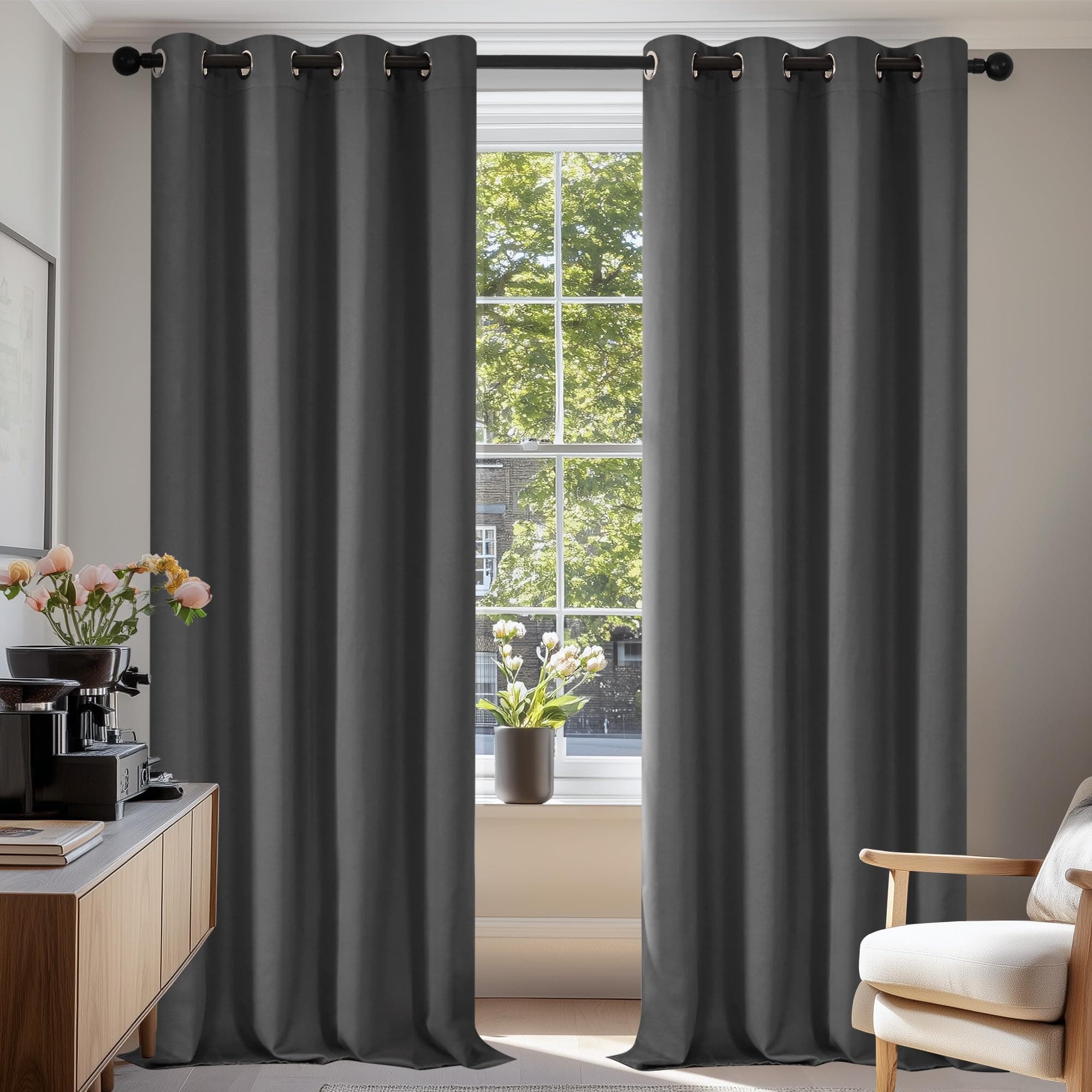 Deconovo Rideau Occultant Thermiques Anti Froid, 135X240 CM (Largeur X Hauteur), Double Rideau Isolant Anti-Bruit, Économie d'Énergie, Idéal pour Chambre et Salon, Gris Foncé, 2 Pièces