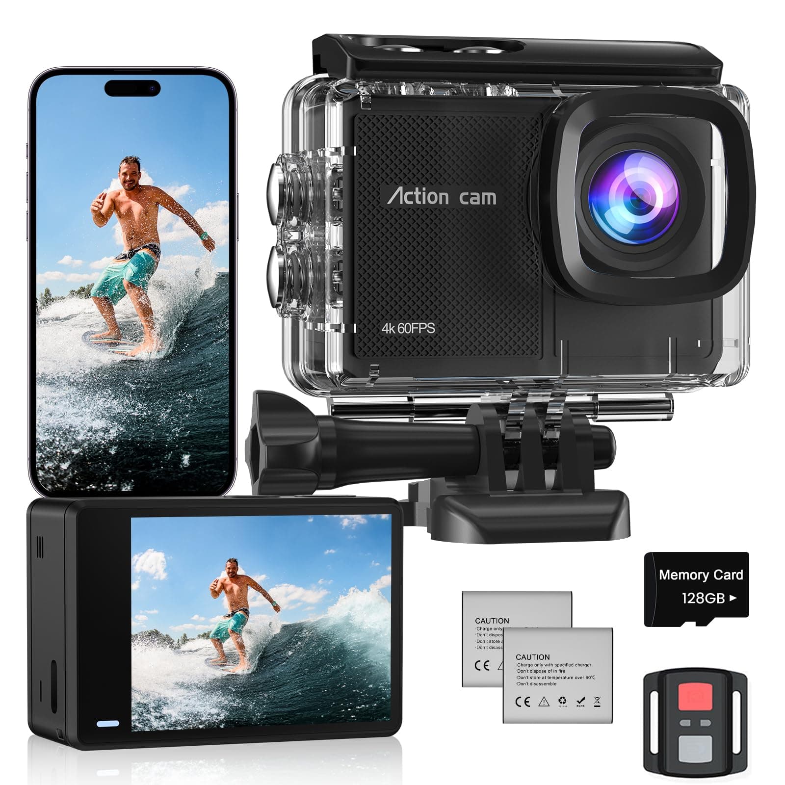 Camlance Cámara Deportiva 4K 60FPS,8X Zoom Videocámara de Casco WiFi con EIS Antivibración,48MP Subacuática Buceo 40M con Tarjeta 128GB,Control Remoto, 2 * 1350mAh Baterías, Accesorios