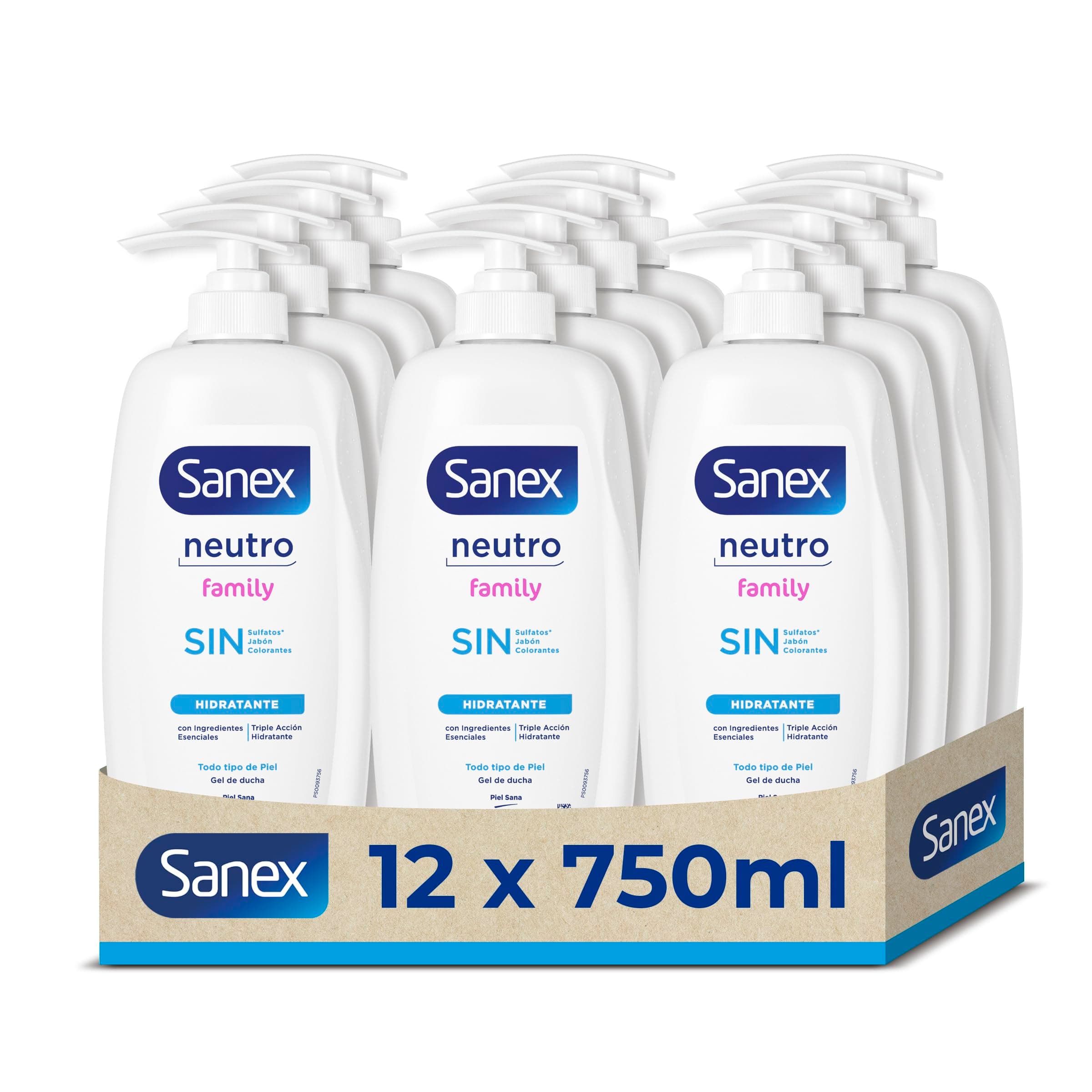Gel de Ducha Sanex Neutro Family pack 12 x 750 ml | Con ingredientes esenciales | 0% sulfatos*, 0% jabón y 0% colorantes | Gel de ducha para todo tipo de piel | Hidratación duradera