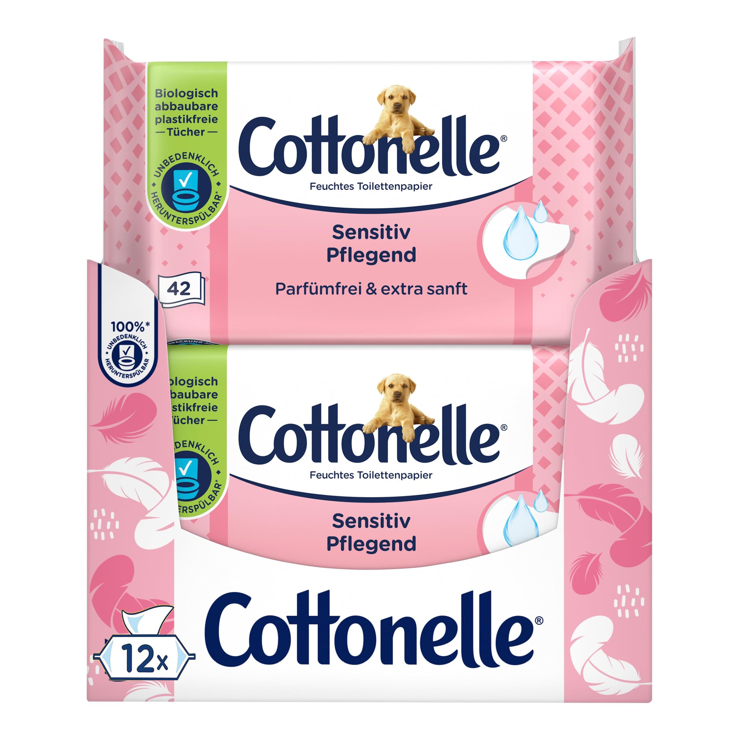 Cottonelle Feuchtes Toilettenpapier, Sensitive Pflegend - Parfümfrei, Biologisch Abbaubar, Plastikfrei, Wiederverschließbar, Vorteilspack, 12 x 42 Feuchttücher