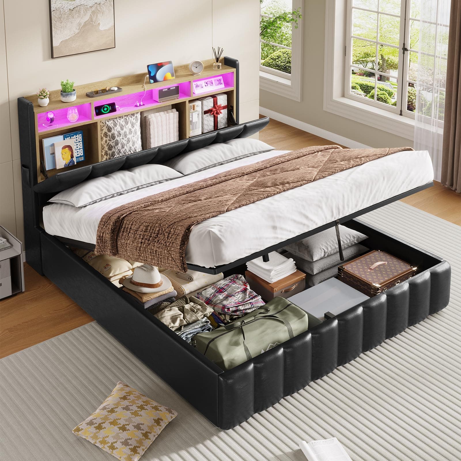 KIMENICH Lit Coffre 160 x 200 à LED, Lit Hydraulique avec Étagères Ouvertes et Rangement Caché en Tête de Lit Capitonné, lit 2 Personnes avec Lattes en Bois, Lits 160 x 200 avec Sommier en PU Noir