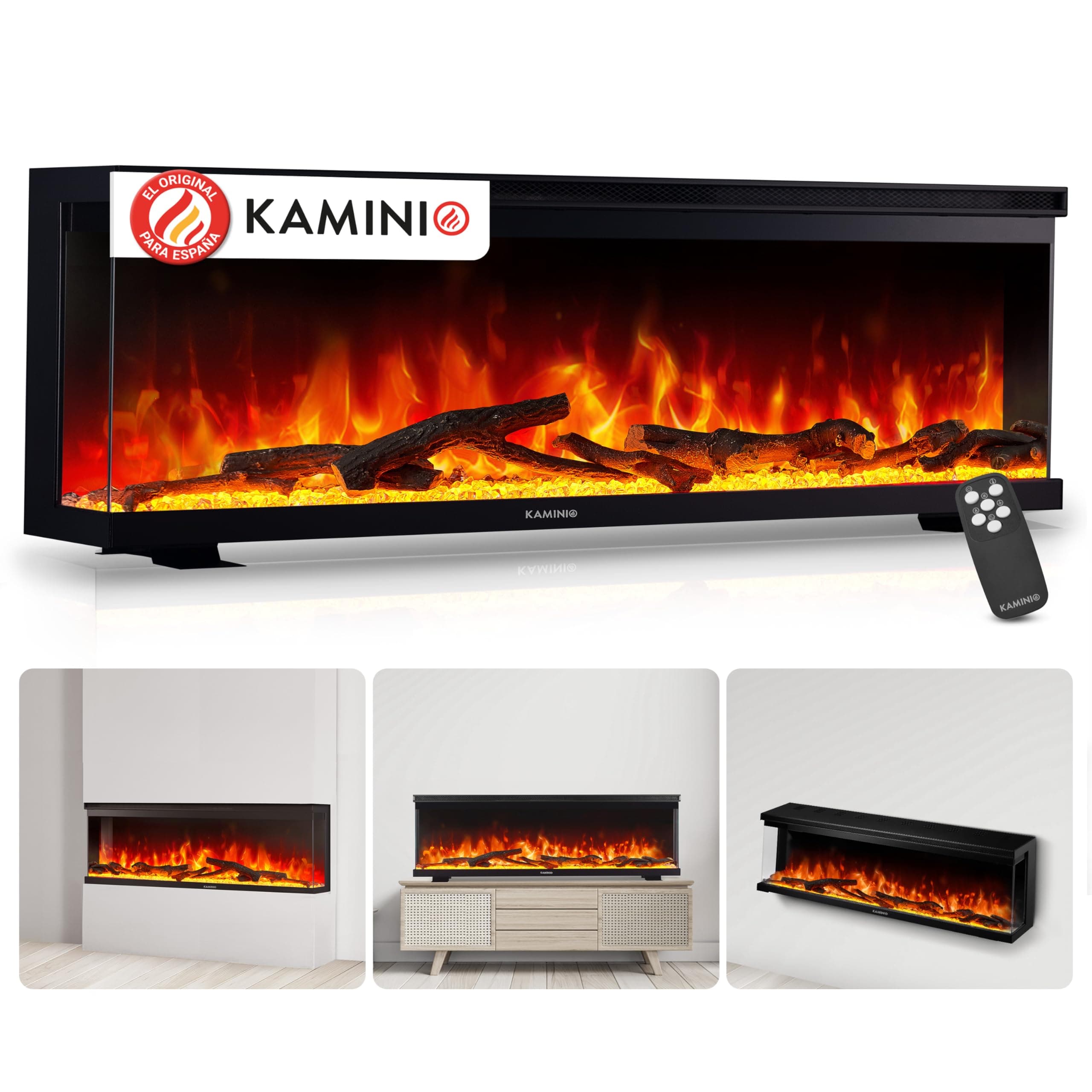 KAMINIO Eléctrica Chimenea Lea - Chimenea eléctrica 3 en 1 con Vista panorámica, calefacción, Efecto de Llama 3D, 12 Colores de Llama (60 Pulgada)