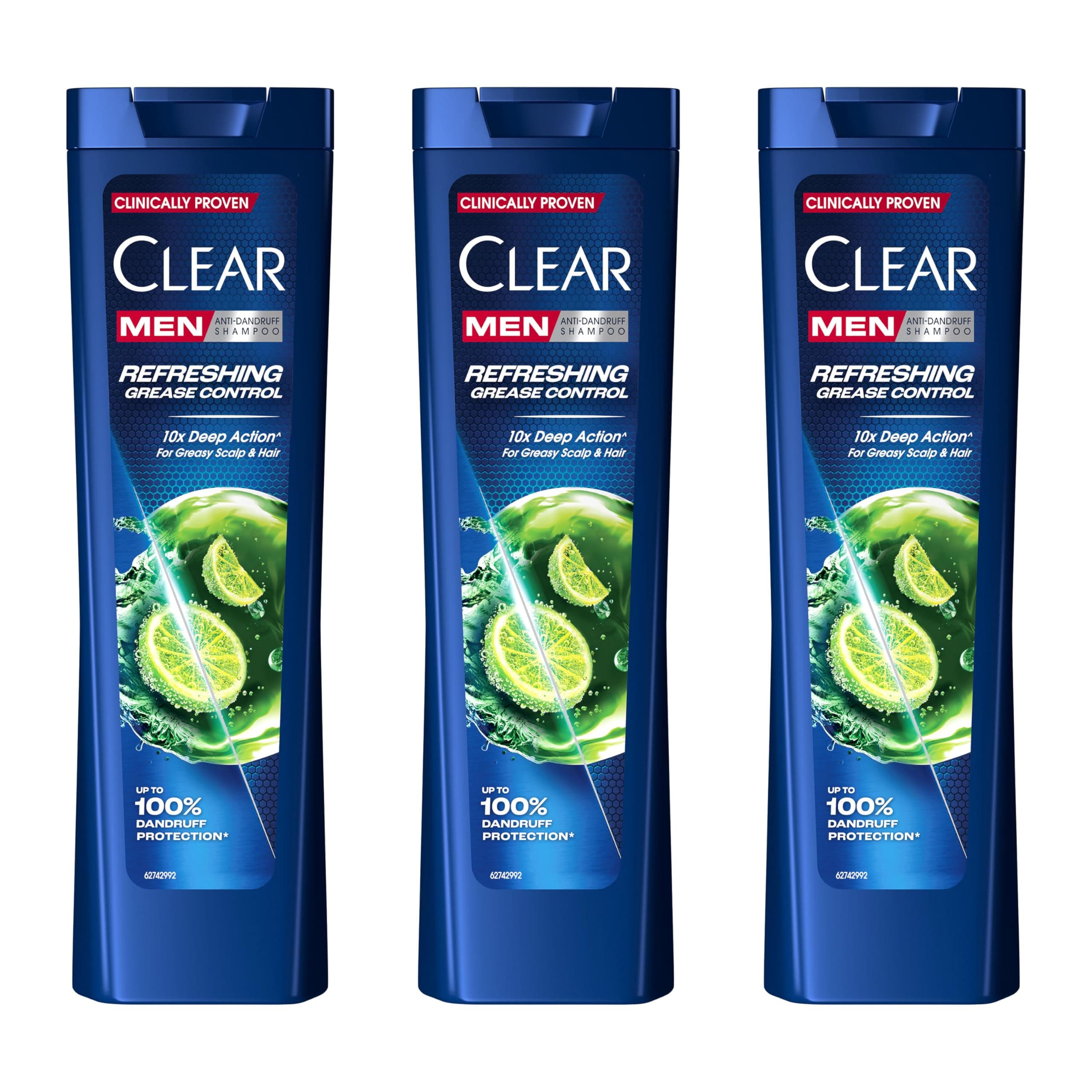 Clear Men Shampoo Uomo Refreshing Grease Control, Per Capelli Grassi, Azione Anti-Forfora e Anti-Sebo, Fino al 100% di Protezione dalla Forfora, Con Niacinamide, 3x 225ml