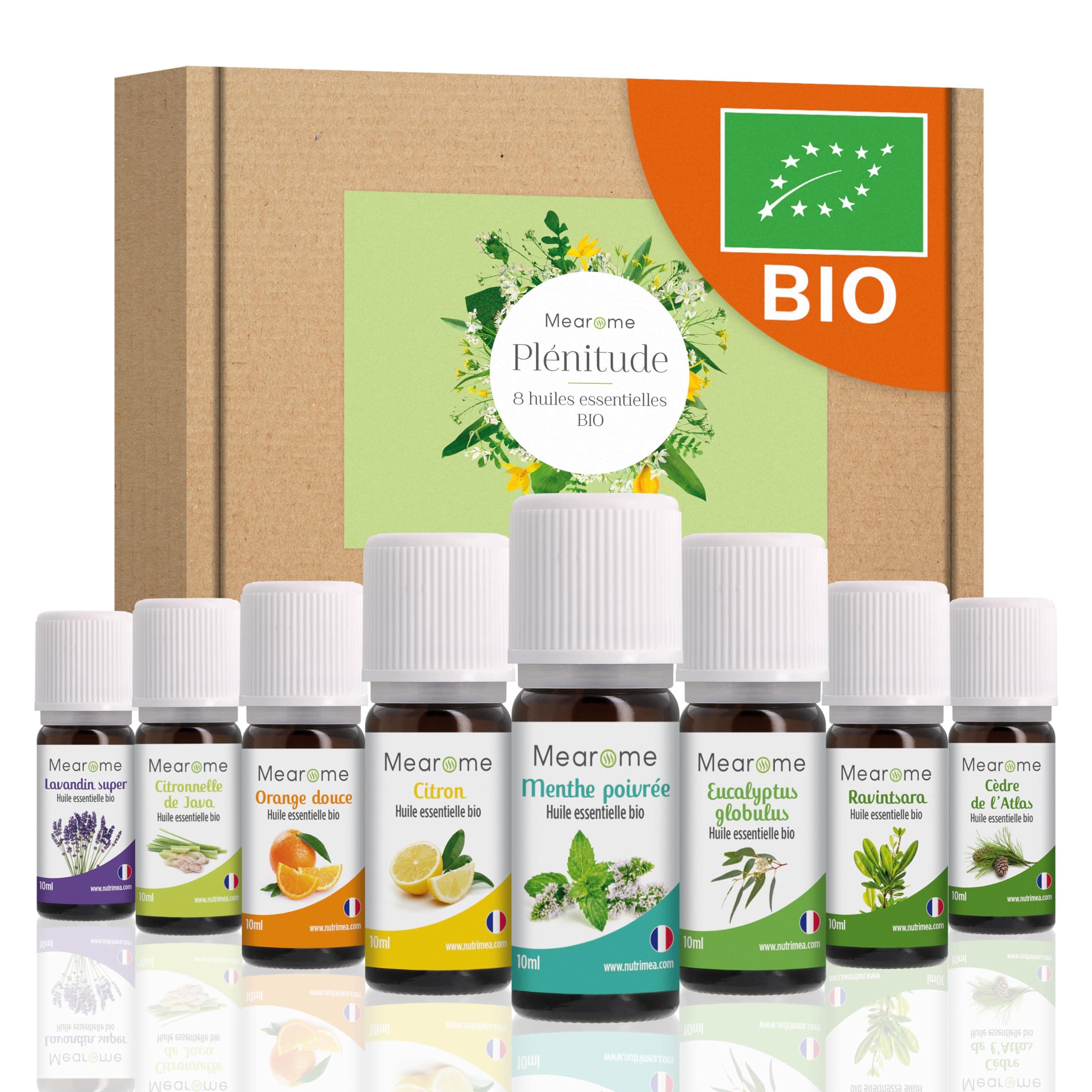 Coffret 8 x 10 ml Huiles Essentielles BIO distillées en FRANCE + Guide d'Aromathérapie PDF | HEBBD, HECT | Kit pour Cuisine, Diffuseur | Bienfaits Respiratoires, Encombrement, Digestion | Mearome
