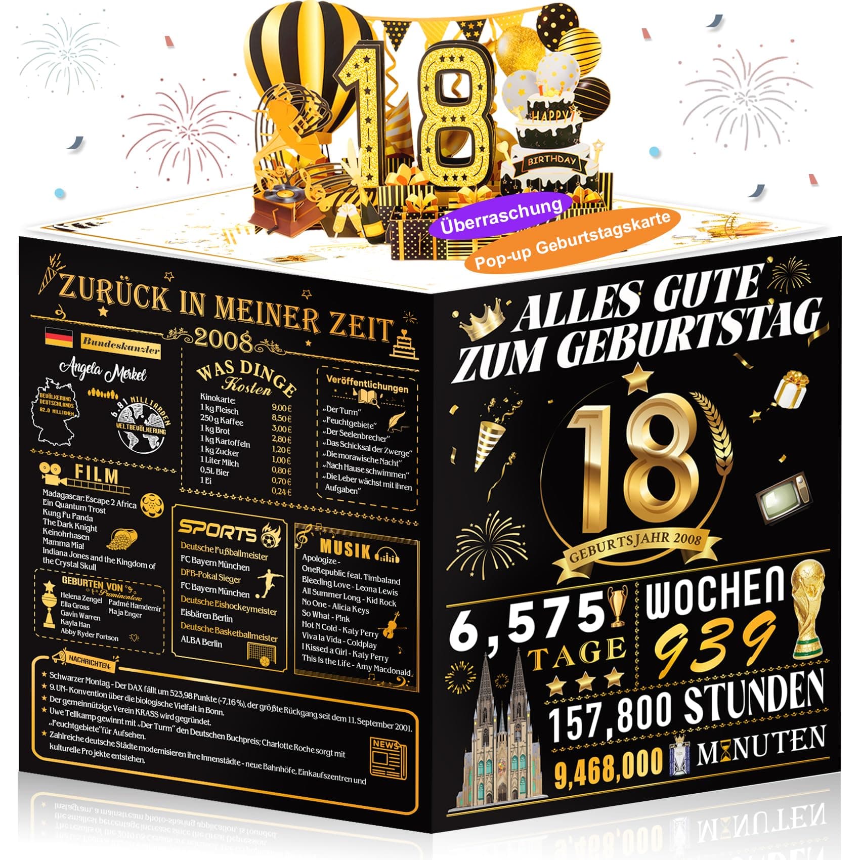 OLOSONG Geburtstagskarte 18. Geburtstag - 3D Pop Up Karte Geschenke 18 Geburtstag Mädchen Junge, Lustige Goldene Deko 18. Geburtstag Für Freund Tochter Sohn Schwester Sie, Back in 2008 Mit Umschlag ﻿